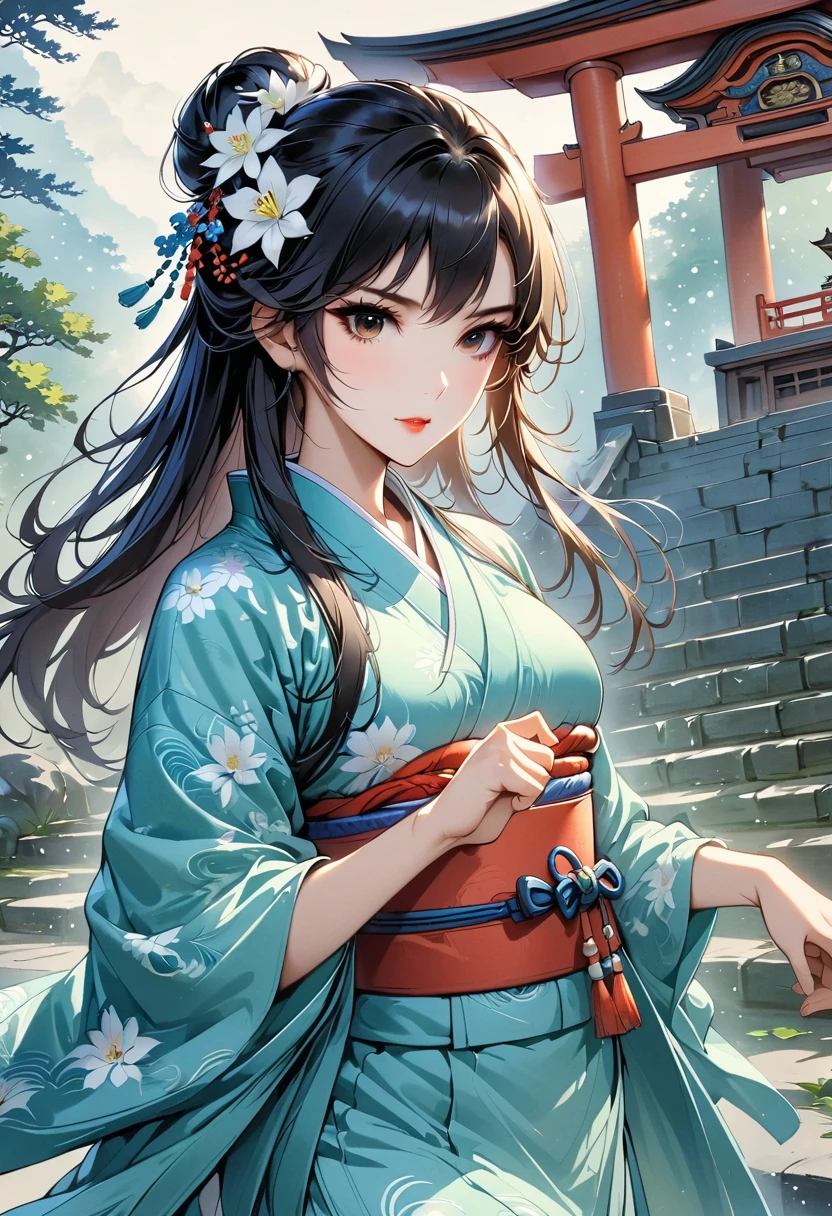 two-dimensional，anime style，one person（male warrior:1.5,chest muscles），Correct proportions，facial details，swordsman，High ponytail hairstyle，neck details，There is an Adam，clothing details，transfer，long sleeve，Game quality，Ray tracing，Ray tracing，delicate luster，CG rendering，Hair details，long white hair，blue eyes，Handsome，Handsome，（feeling of youth），Costumes are complicated，perfect composition，refine，high quality，more details，complex background，a sense of atmosphere，