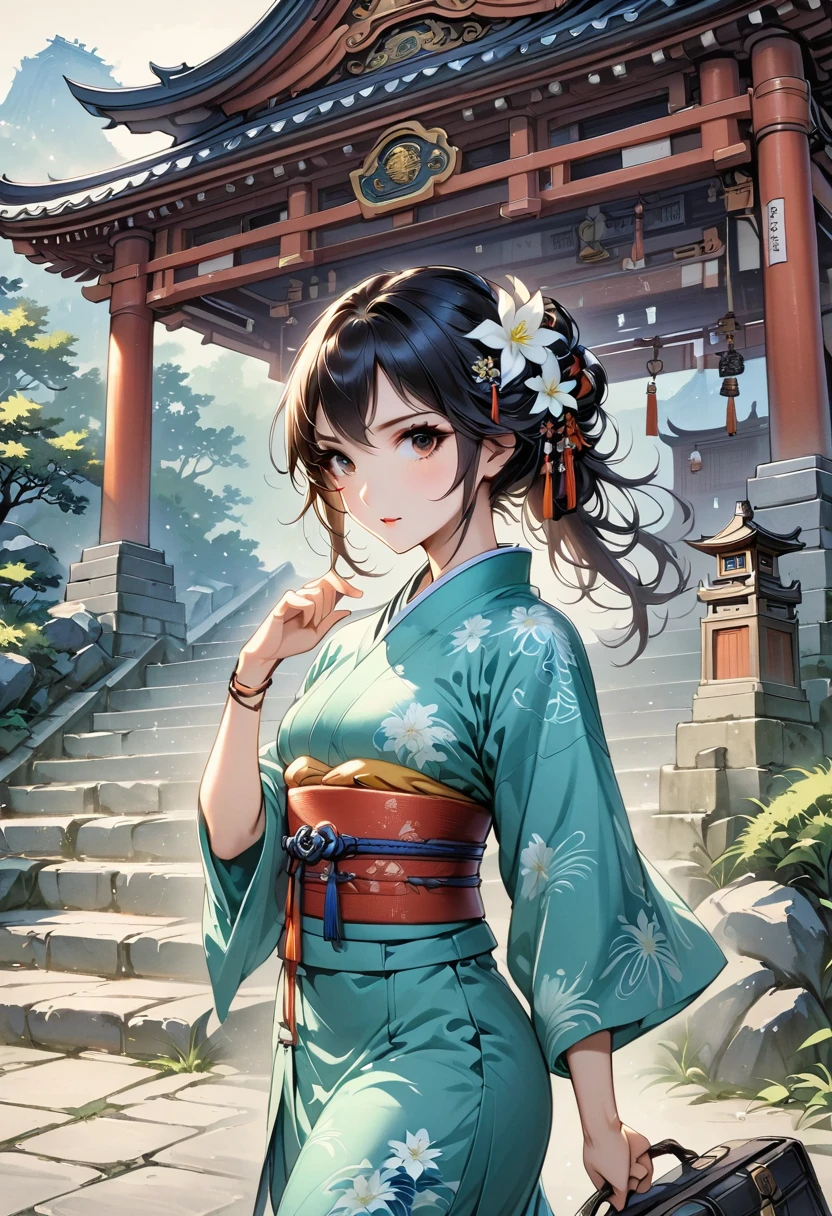 1 girl, alone, from above, (white lily flower), aesthetic, complex, best quality, Detailed background, Sayaka Miki, ((girl wearing a patterned teal kimono:1.2)), (Walking in the Zen Garden), Casual pose, Detailed texture, pose, f洛拉l print, hair flower, hair accessories, japanese clothes, kimono, Heart, outdoor, pagoda, petal, (teal kimono), sash, shrine, Sky, stone staircase, torii, wide sleeves, yukata