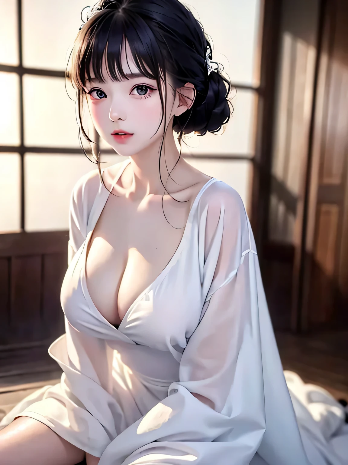 (top-quality、8K、​masterpiece:1.2)、(Raw photography)、超A high resolution、Amazingly fine detail、extra detailed face、Superbly detailed eyes、(Photorealsitic:1.3)、Realistic facial proportions、extremely beautiful lady、solo、Colossal tits:1.1、big and cleavage of the breast、Slimed、(bath robe:1.2)、a short bob、hot onsen:1.3、(lipgloss、Eye lashes、Glossy finish、Glossy skin、depth of fields、chromatic abberation、Caustics、Wide light、Natural Shadow)、Gaze at the audience with tranquility and goddess-like bliss 10 yeald old、Wet and see-through