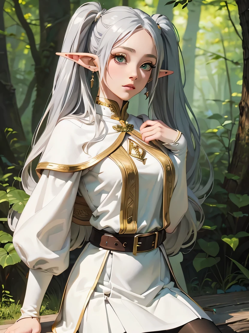 ((masterpiece、highest quality、Super detailed、High resolution、realistic、sharp focus))、bust shot、focus from the chest up、high contrast、high color saturation、 ((very delicate and beautiful))、female elf、Freelen、long silver hair、round face、white clothes、in the forest、fantasy characters、wz_sousou_no_frieren_style, twintails, very long hair, silver hair, pointy ears, elf, white capelet, green eyes, black pantyhose, earrings, white skirt, belt, white sleeves