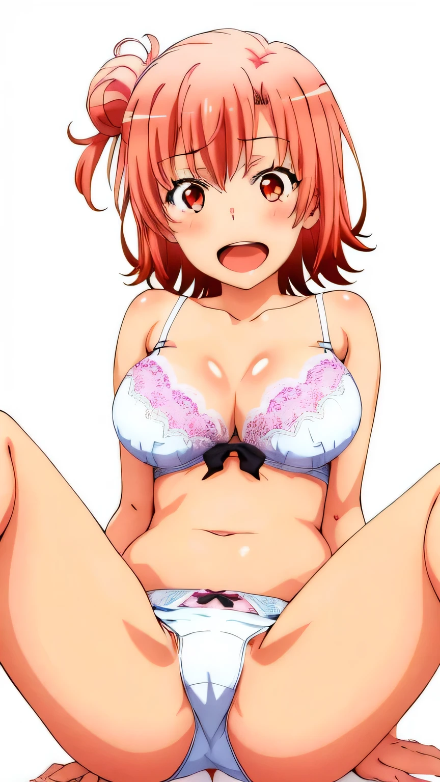 2 girls , , yuigahama yui , spread your legs,jump, Yuigahama Yui has a wonderful big bust and hips........................., In underwear,white bra,belly button,white panties,thighs,butt,look at the camera,shy,open mouth smile,blush,embarrassing,lowered eyebrows,high angle,beautiful eyes ,
