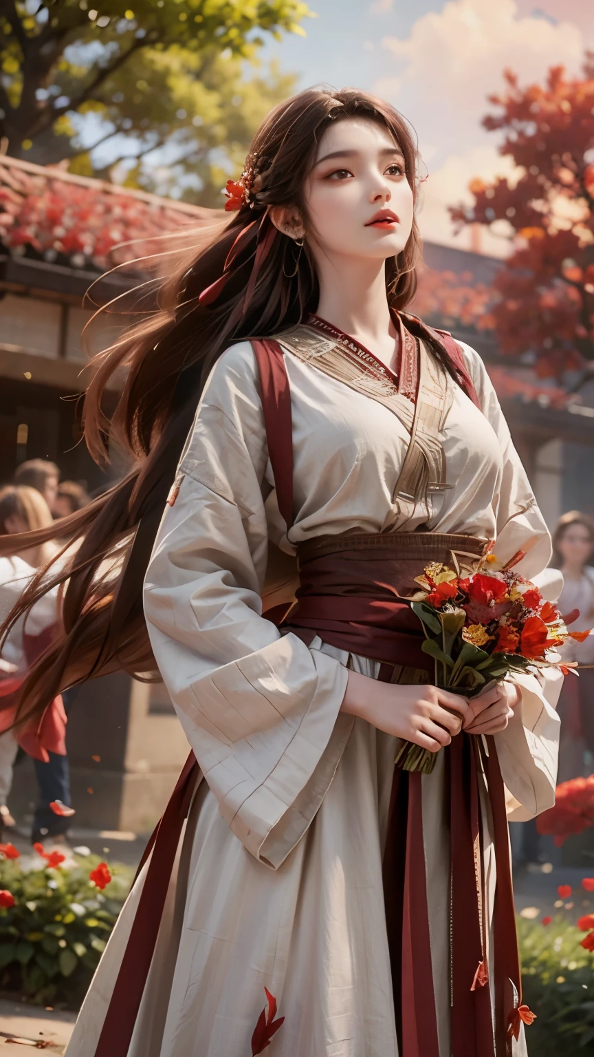 Beautiful detailed brownish eyes，flowing long black hair，Holding a bouquet of wildflowers，Surrounded by lush mulberry trees and blooming red flowers，There are red fallen leaves everywhere，The background is a golden sunset，Vibrant colors and vivid lights，Above the hips，Looking up