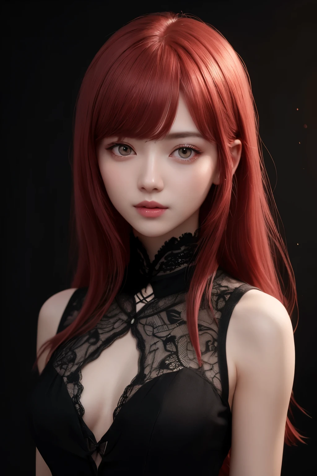 1girl, star eye, blush, perfect illumination, red hair, red eyes, unreal engine, sidelighting, detailed face, bangs, bright skin, simple background, dark background, 