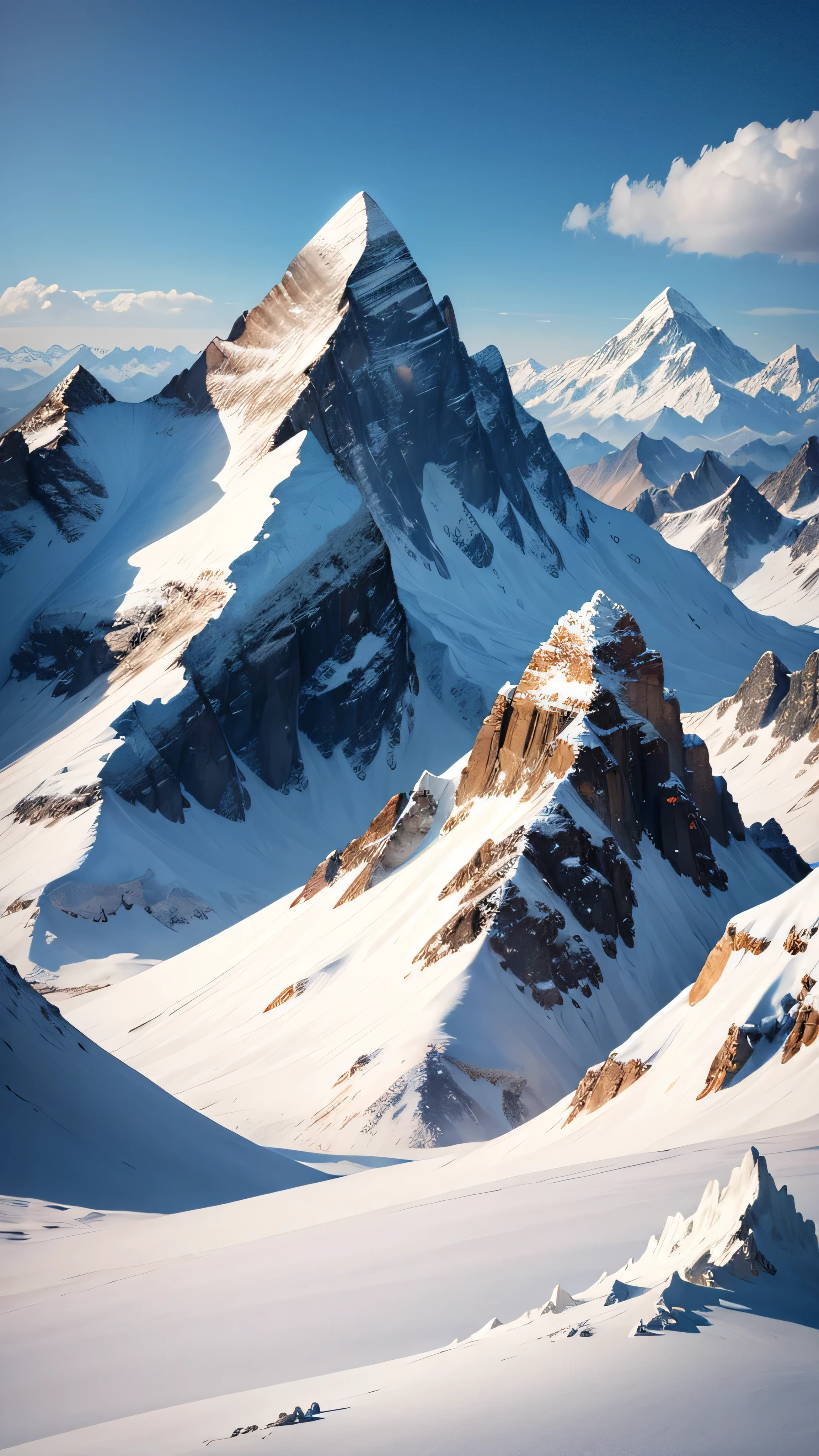 the highest mountain peak in the world everest, long view, high quality, 8k, small object