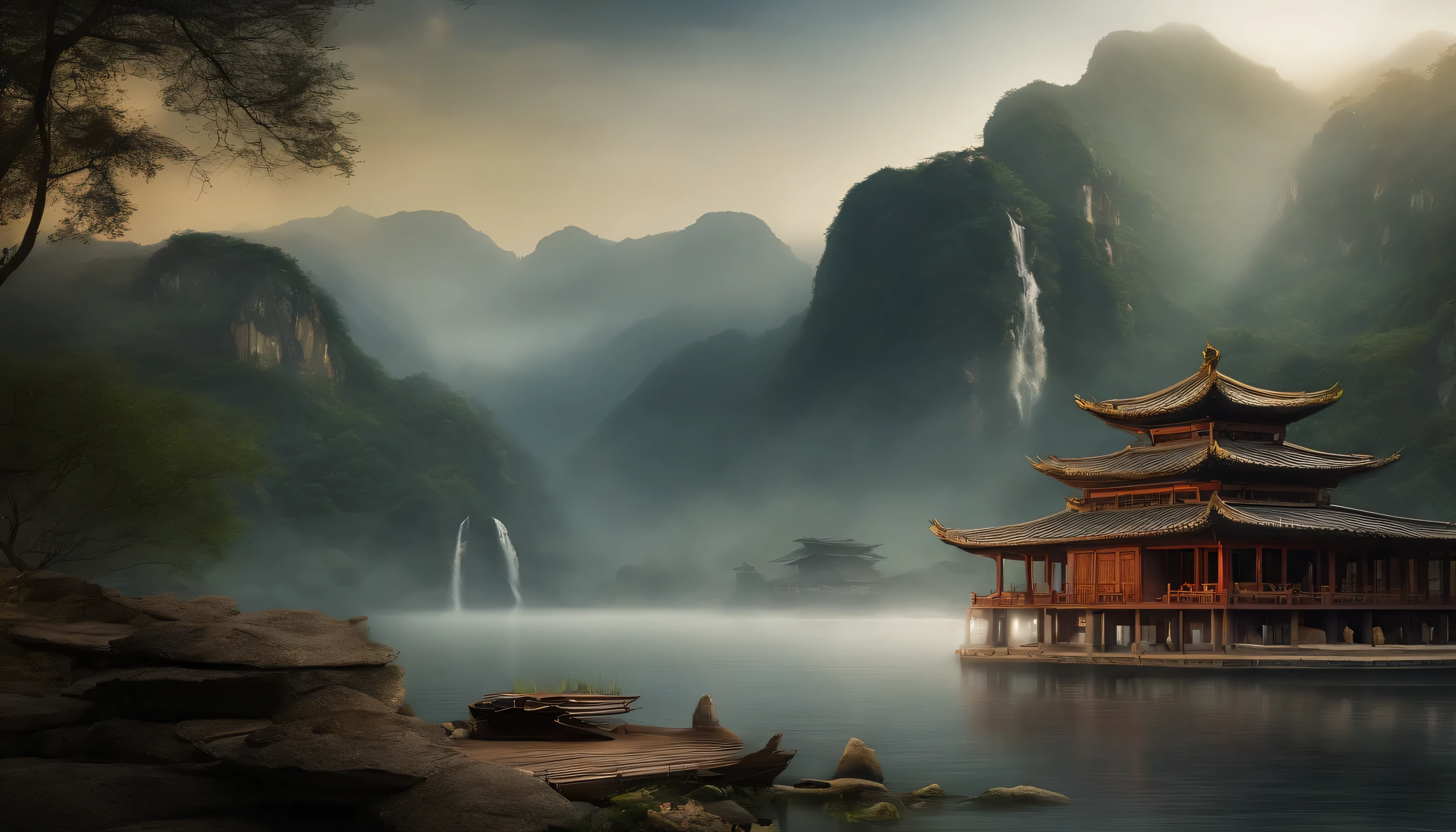 masterpiece,best quality,Chinese martial arts style,an asian night scene with lanterns and water lilies,asian pond with many lanterns and boatsa night scene with many lights and boats in the water, Lake surface, lotus flowers,beautiful night scene,(((Chinese martial arts style))), with vast sky, continuous mountains and steep cliffs, ink wash style, outline light, atmospheric atmosphere, depth of field, mist rising, bamboo, pine trees, octagonal stone pavilion, waterfall flowing water,big full moon