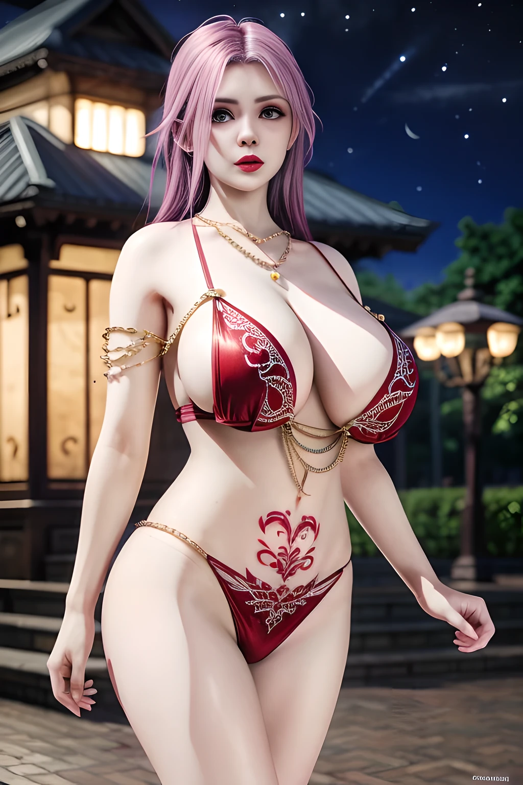 1 girl,standing posture,Gauze nightgown, thong, body chain, outdoor,elegant,nighttime,moonlighe,shiny skin,( huge breasts), red lips,( tattoos:1.3), masterpiece, best quality, realistic ,Rich artistic colors, 8K,soft shadows,Portrait art,solo,  elise,