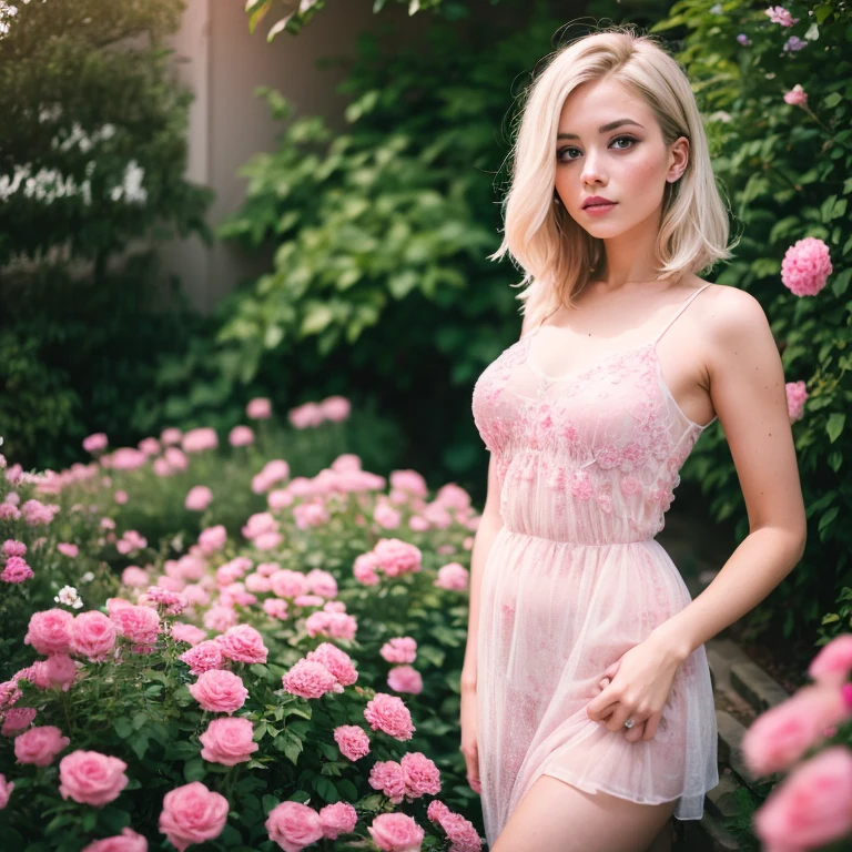 8k, RAW photo, Fujifilm, style photo of a beautiful young woman as avril in a garden of light pink roses (highly detailed skin: 1.2) Style-Petal BREAK short hair, blonde hair with colored locks, wearing a sheer sundress, film granulation, 35mm, cute style