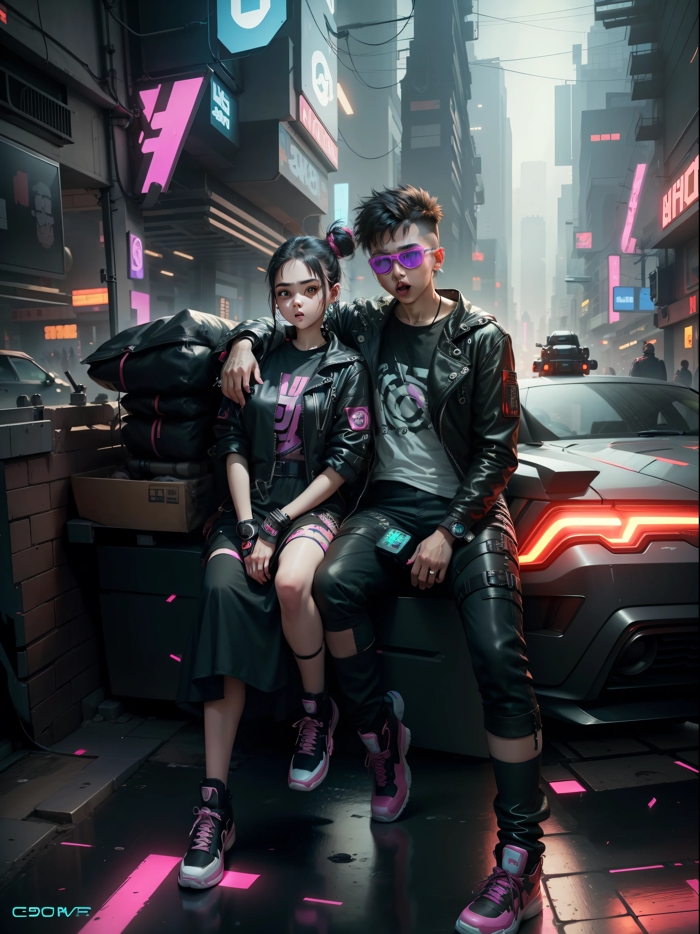 Background change cyberpunk cute boy and girl ultra reaction face
