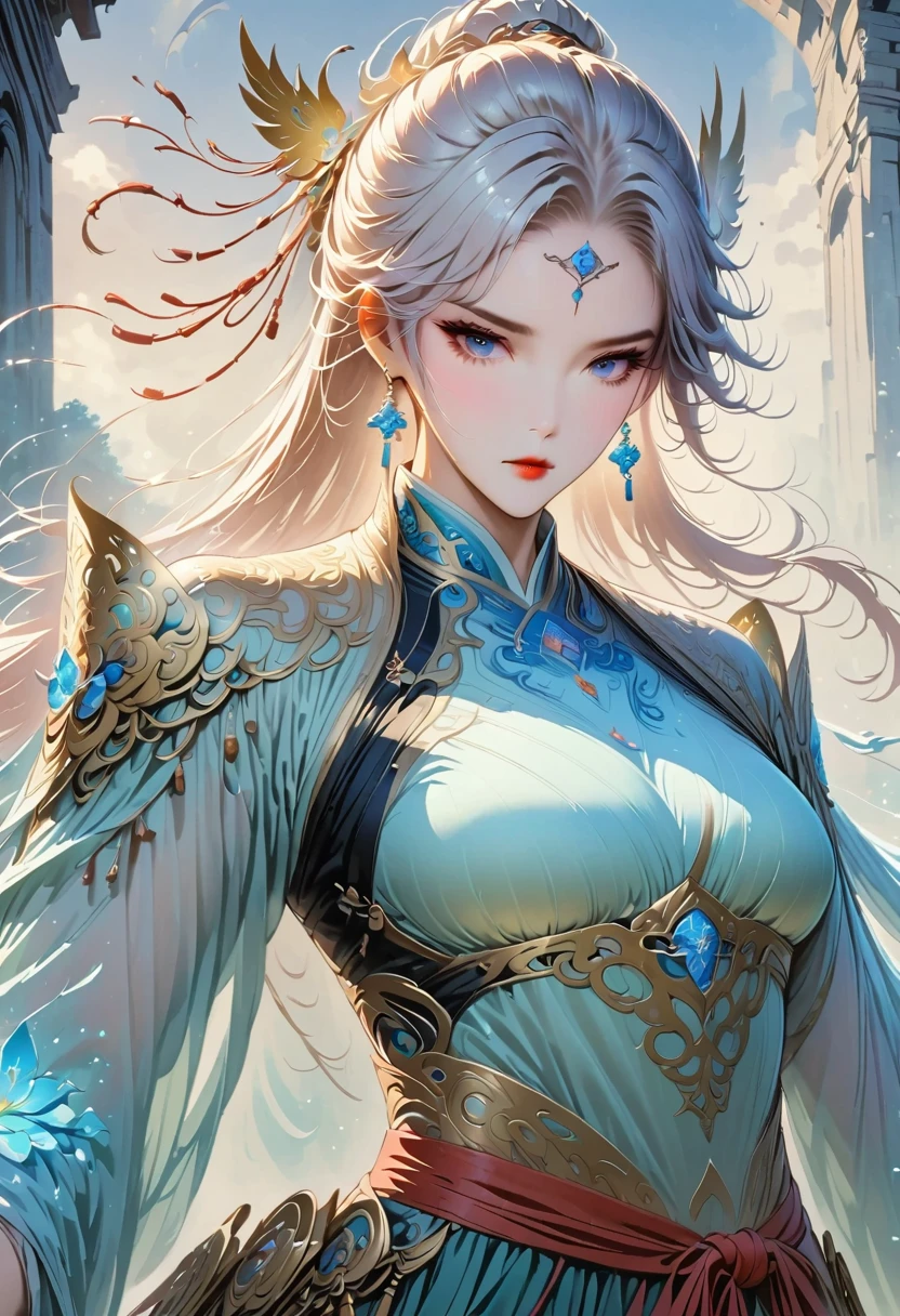 two-dimensional，anime style，one person（male warrior:1.5,chest muscles），Correct proportions，facial details，swordsman，High ponytail hairstyle，neck details，There is an Adam，clothing details，transfer，long sleeve，Game quality，Ray tracing，Ray tracing，delicate luster，CG rendering，Hair details，long white hair，blue eyes，Handsome，Handsome，（feeling of youth），Costumes are complicated，perfect composition，refine，high quality，more details，complex background，a sense of atmosphere，