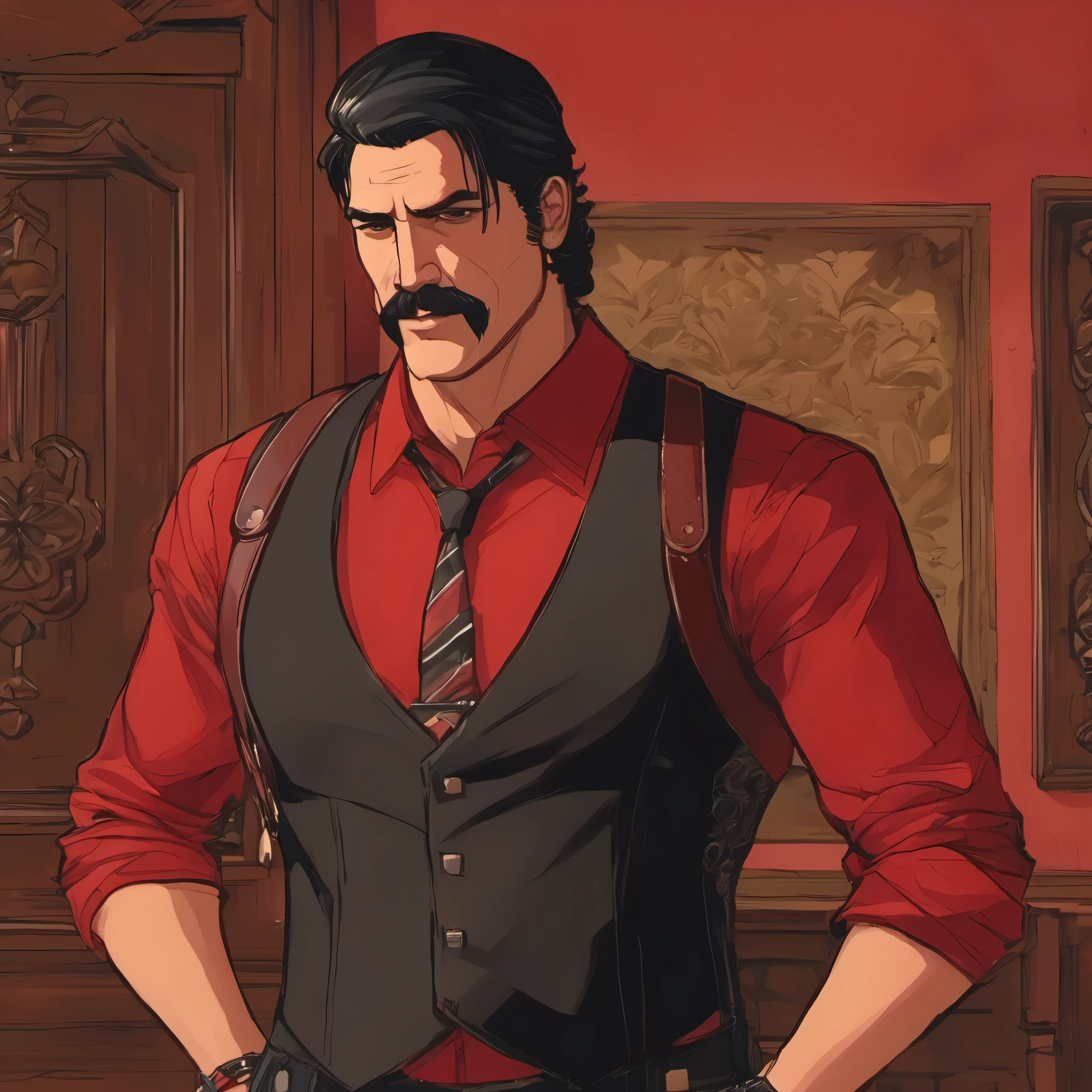 (obra maestra, Mejor calidad:1.2), 1 chico, solo, thenahualli, serious, dangerous man, elegant, elegante, black vest, red shirt, standing, vigilando, actitud vigilante, en casa de lujo en Bel-Air, casa de lujo moderna