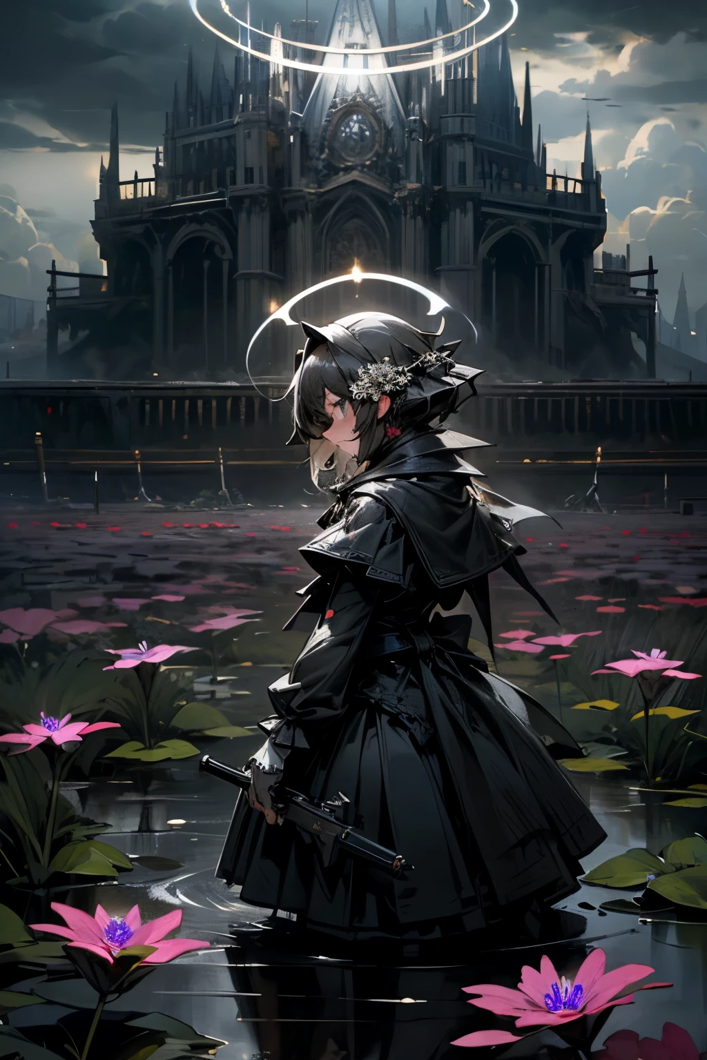 Dark water, Reflectors,,Gothic ta skirt,Overhead halo,battlefiled,In the background is a hillock made of skeletons,Inserted cold weapons,Reflection on the surface of the water,The background is grand,Dark clouds shine through the light,Blood flowed from the ground,Kelsang flowers