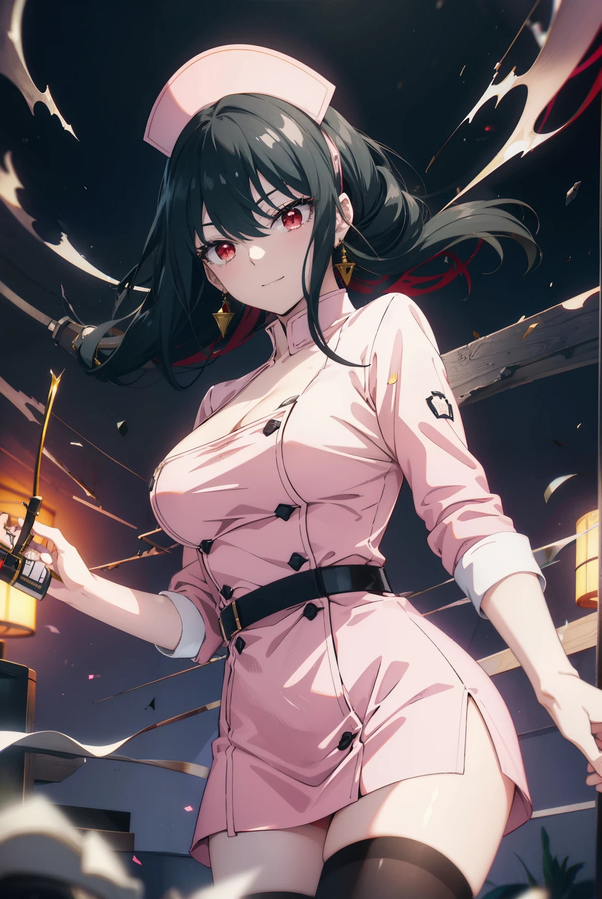 Yorubu Layer, your thorns, black hair, (red eyes:1.5), earrings, gold , long hair, (medium breasts:1.2),happy smile, smile, open your mouth, ,transparent and pink latex, Thighhighs, cleavage, kneel down, pink panties, nurse cap, nurse,
break indoors,hospital,
break looking at viewer, (cowboy shot:1.5),
break (masterpiece:1.2), highest quality, High resolution, unity 8k wallpaper, (figure:0.8), (detailed and beautiful eyes:1.6), highly detailed face, perfect lighting, Very detailed CG, (perfect hands, perfect anatomy),