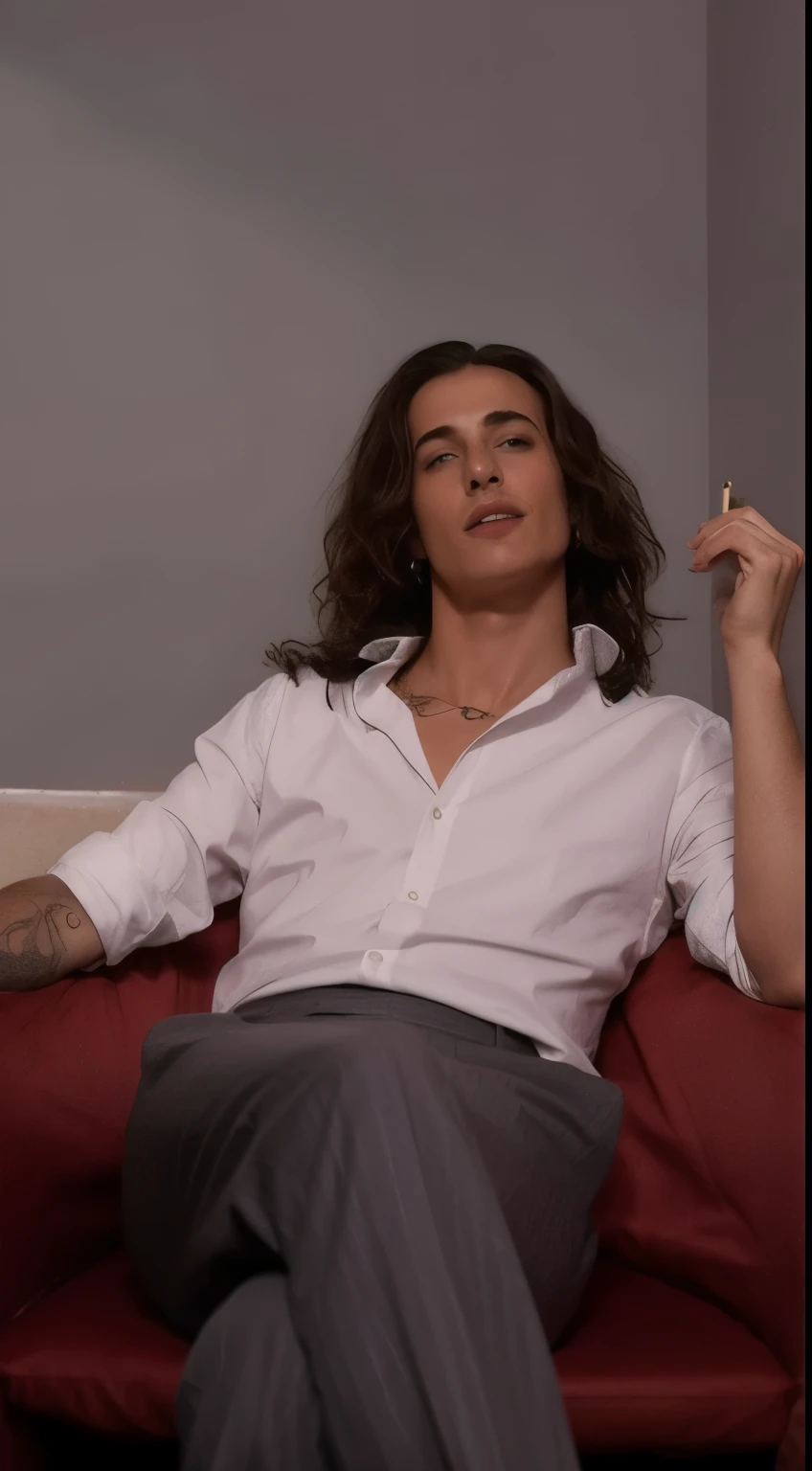 chiseled man with tattoos on his arms and neck sitting on a sofa, delicate androgynous prince, androgynous, androgynous male, androgynous person, estilo de seb mckinnon, beautiful androgynous prince, Finn Wolfhard, androgynous face, androginia, beautiful androgynous girl, taken at the beginning of 2020