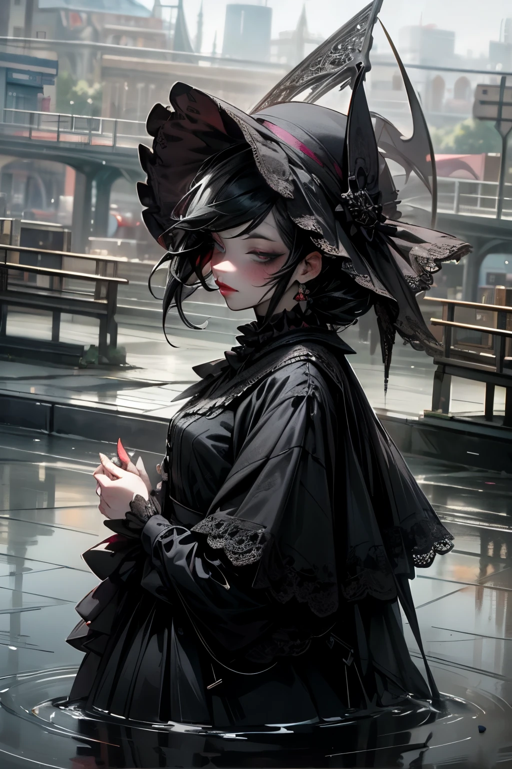 (watercolor style, spectral art) Little goth girl, mall goth, crustpunk, heavy makeup (black mascara and eyeliner and red lipstick), , lolita + majestic river overlooking the panorama + costume back (vista) + (flow + subtle reflection) + (blending + splashing) + (light and shadow clear + swaying dynamic)