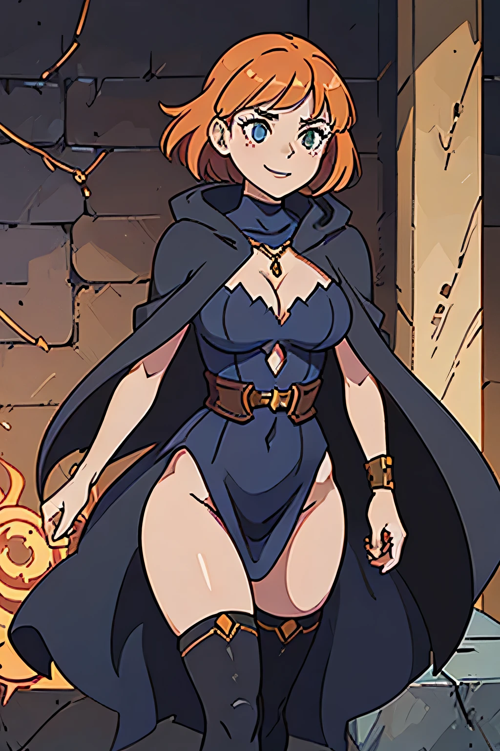 (((masterpiece))), (((best quality))), illustration, single character, game character, rpg character, female character, female necromancer, dark blue dress with golden details, leather bracers. huge cleavage, small breasts. gemmed necklace. side butt. wide hips. up turned hips. Side hips exposed. wavy short hair. orange short hair, slightly pointy ears, yellowgreen eyes, evil face, smile. attittude woman. open hooded black cloak. copper colored hair. aggressive posing. energy in hand. dungeon background, flat color background, anime character, 8k, awesome quality