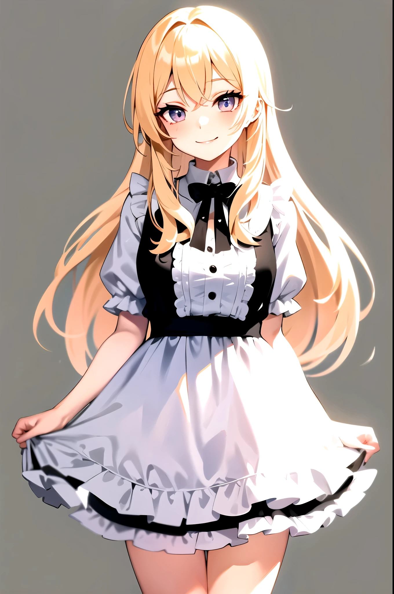 close your mouth,smile, Cafe , blonde , long hair , looking at the viewer, cowboy shot, Are standing, 1 girl, upright , Black and white clothes, frills , No pose , (simple background) , take no pose,blue eyes,long eyelashes,beautiful eyelashes