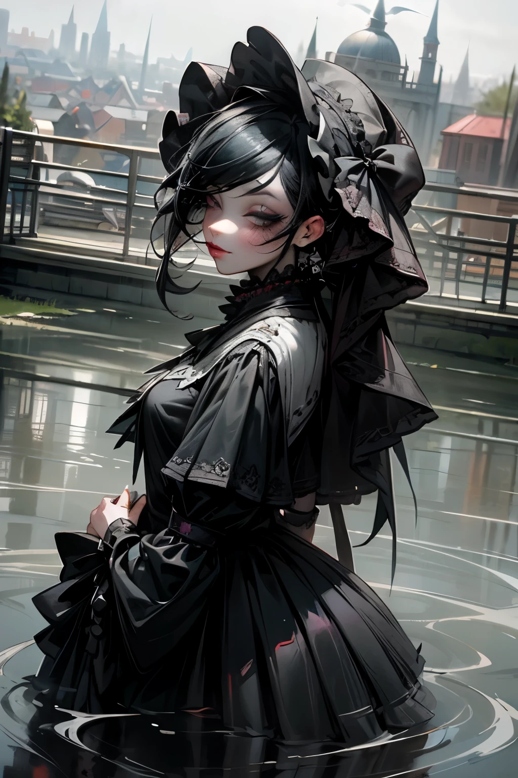 (watercolor style, spectral art) goth girl, mall goth, crustpunk, heavy makeup (black mascara and eyeliner and red lipstick), , lolita + majestic river overlooking the panorama + costume back (vista) + (flow + subtle reflection) + (blending + splashing) + (light and shadow clear + swaying dynamic)
