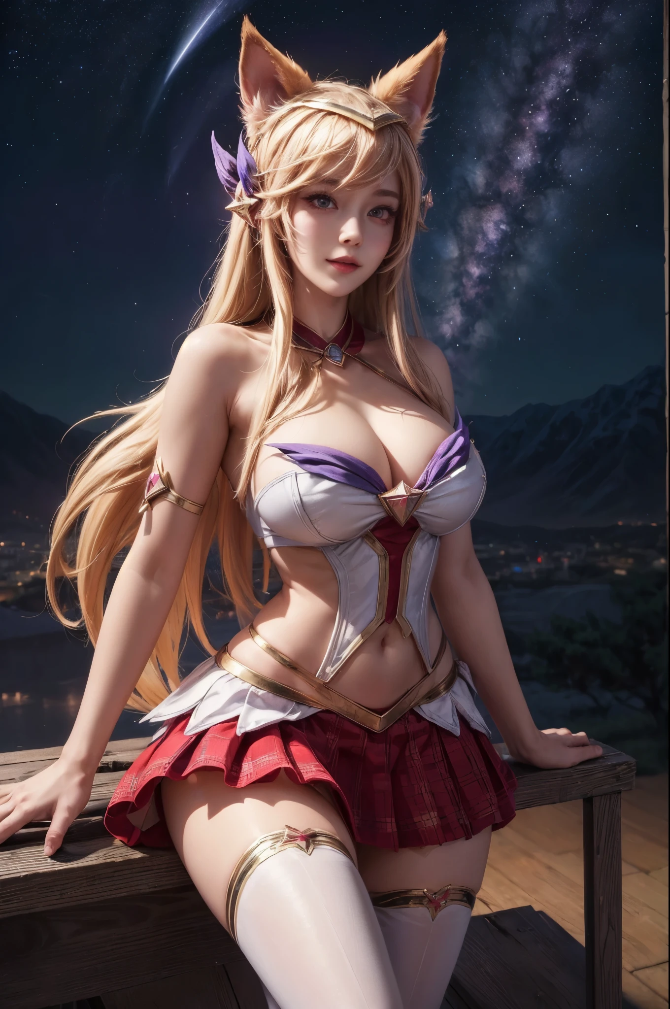 (best quality, masterpiece:1.4), absurdres, ultra-detailed CG, 8k, high detailed, beautiful face, detailed face, 1girl, solo ahri star guardian, IncrsAhriSG, animal ears, fox tail, multiple tails, hair ornament, highlighted sleeves, bare shoulders, skirt, zettai ryouiki, magic, multiple tails, blonde hair, light smile, thick lips, huge breasts, perfect body, thin waist, wide hips