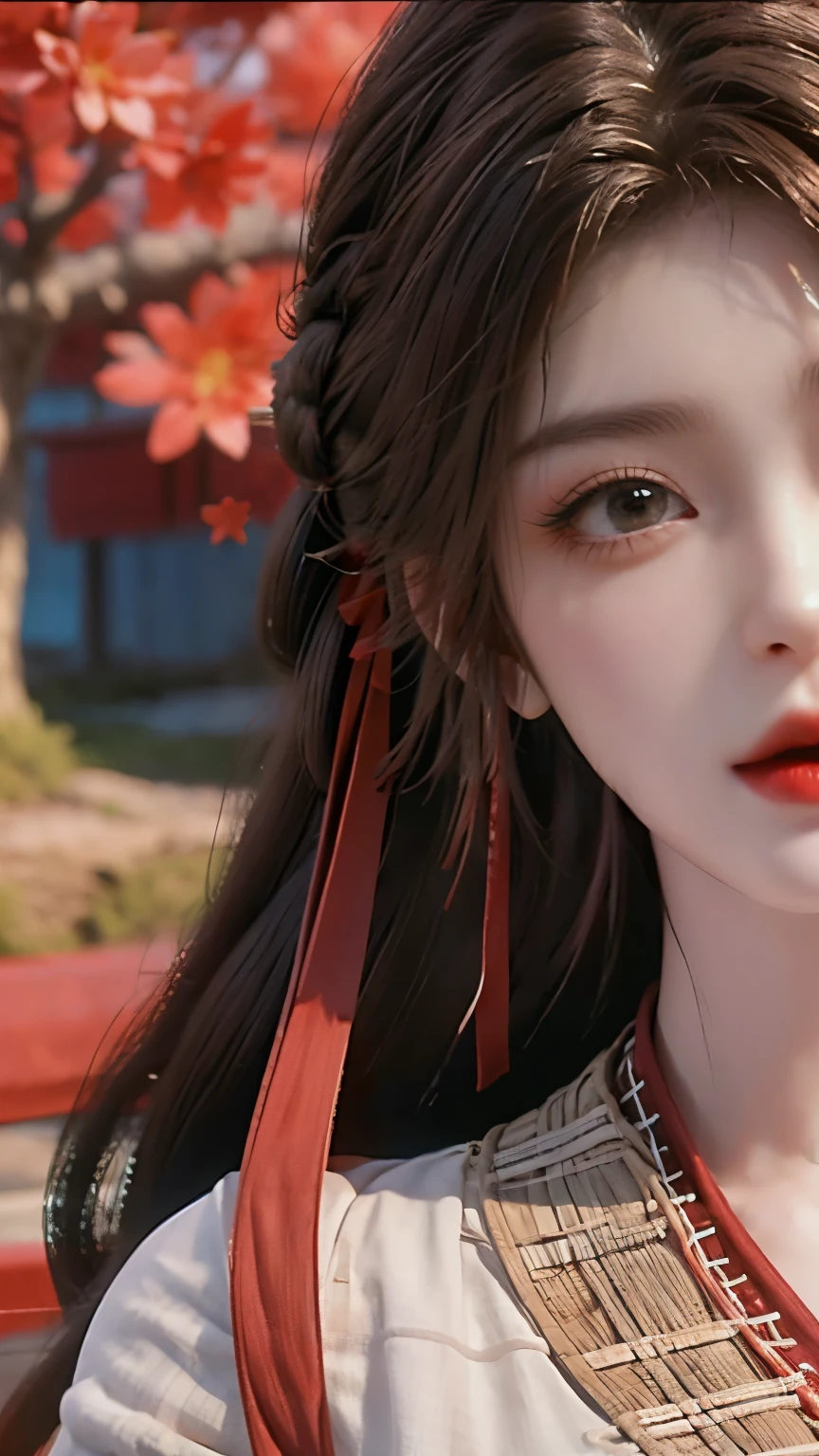 1 girl，cowboy shots，（Red flower background，red vision：1.2），（soft focus：1.5）prospect，（散景填充prospect：1.2），shallow view deep，Subtle blurring，Subtle transitions，Depth and atmosphere，masterpiece，hyper-realistic， 32K，Extremely detailed CG unified 8K wallpaper，Rest 1 female，black hair，Red head rope，brown eyes，长发Rest 1 female，（white top），BREAK 1 female（white dress：1.2），Whole body lockdown