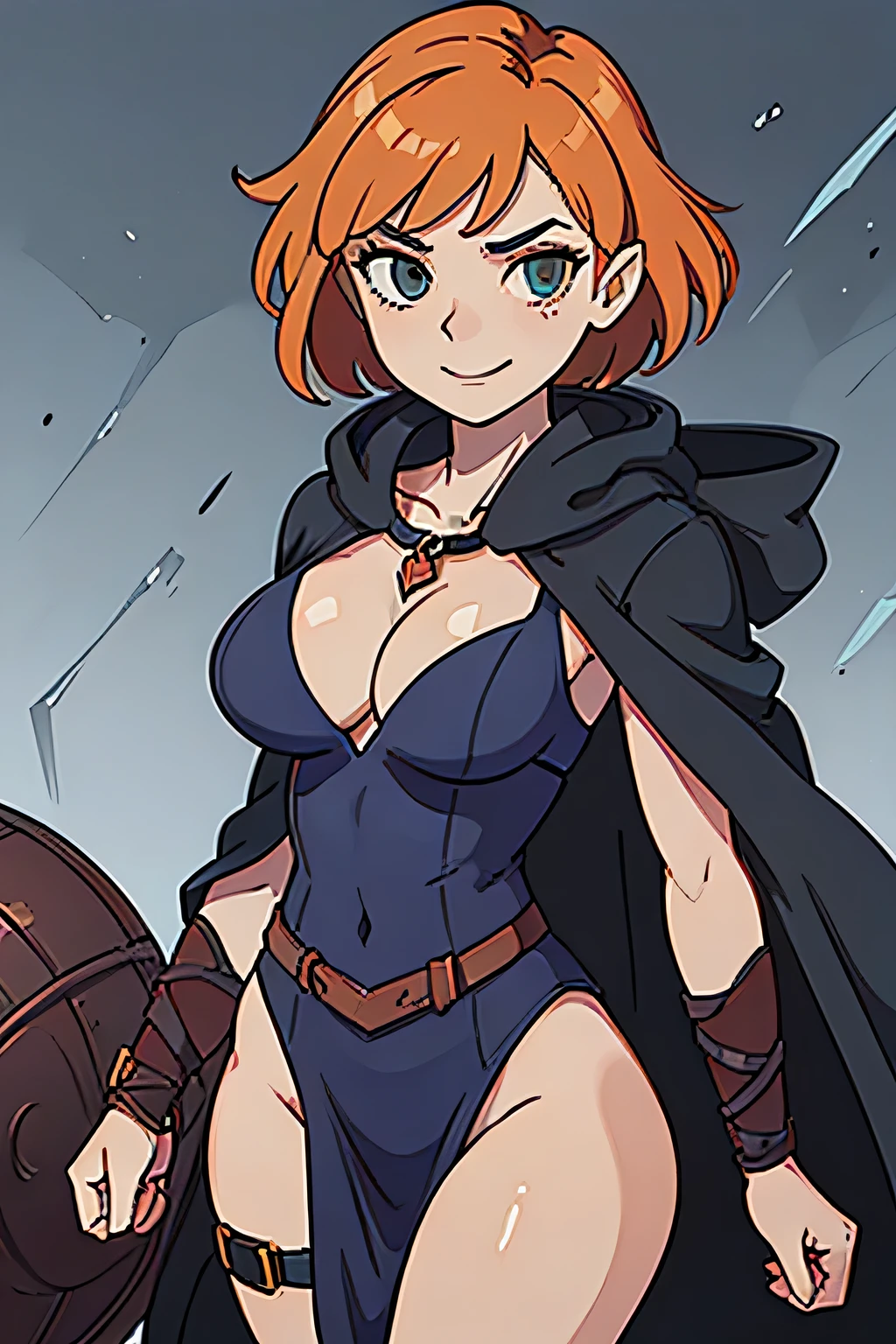 (((masterpiece))), (((best quality))), illustration, single character, game character, rpg character, female character, female necromancer, dark blue dress with golden details, leather bracers. huge cleavage. gemmed necklace. side butt. wide hips. up turned hips. Side hips exposed. wavy short hair. orange short hair, slightly pointy ears, yellowgreen eyes, evil face, smile. attittude woman. open hooded black cloak. copper colored hair. aggressive posing. energy in hand. dungeon background, flat color background, anime character, 8k, awesome quality
