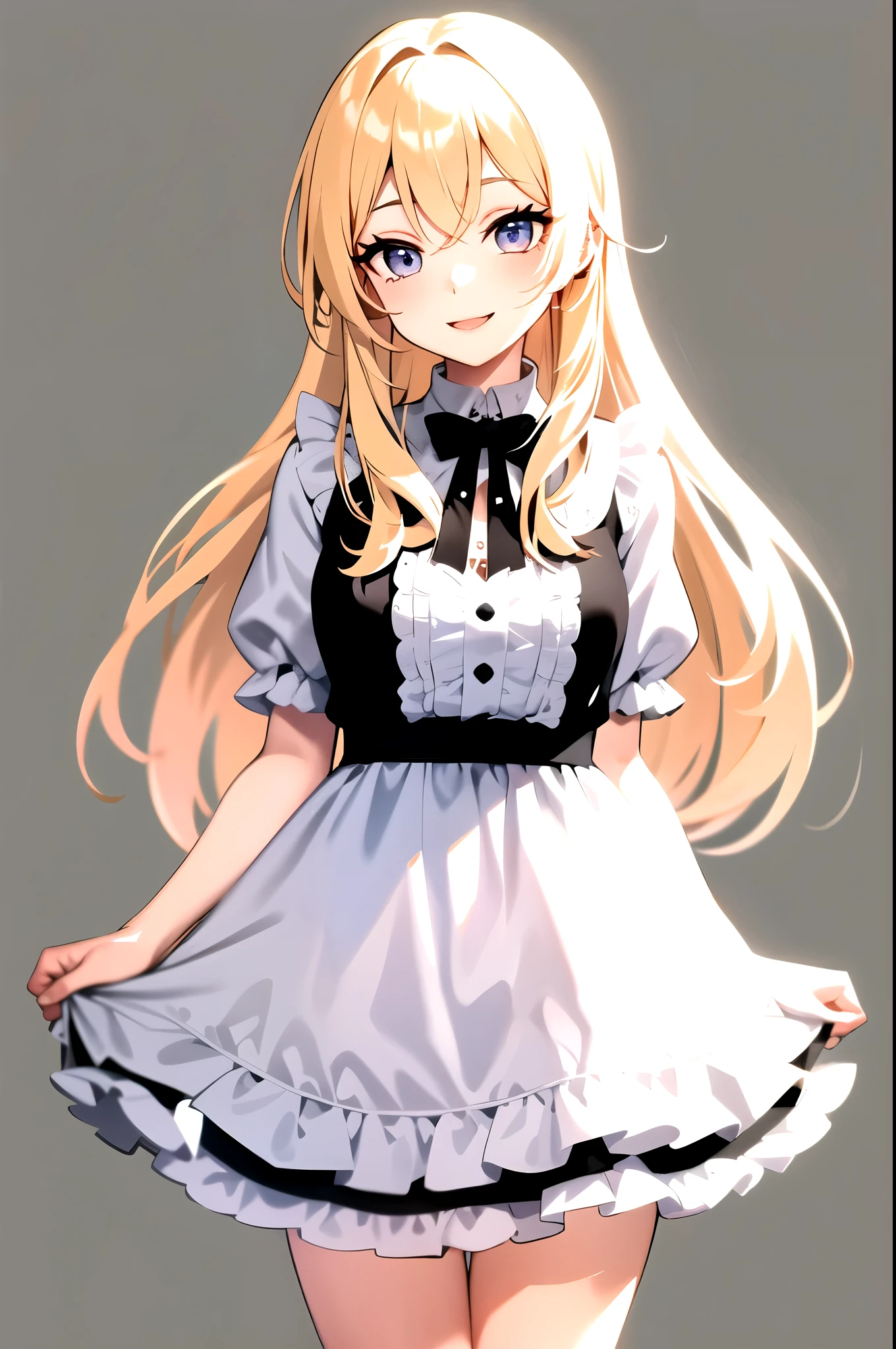 open your mouth,smile,  Cafe , blonde , long hair , looking at the viewer, cowboy shot,  Are standing,  1 girl, upright , Black and white clothes, frills , No pose , (simple background) , take no pose,blue eyes,long eyelashes,beautiful eyelashes