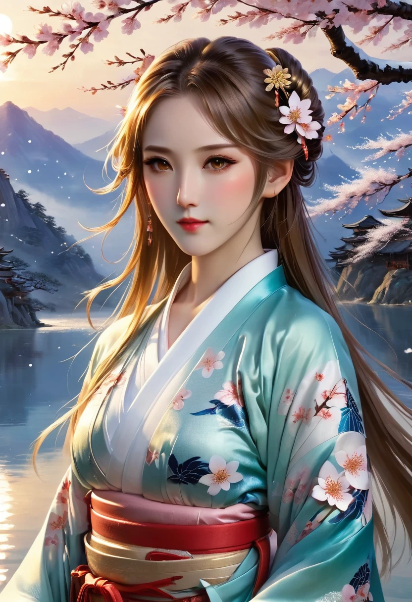 Asuna, masterpiece, best quality, detailed, (1 girl), alone, detailed golden eyes, long hair, permanent, Be close to the audience, (detailed kimono), faint smile, medium breasts, (Put your arms behind your back), water, Sunset, (hair accessories), (cherry blossoms in bloom), Snowy mountains and lake in the background