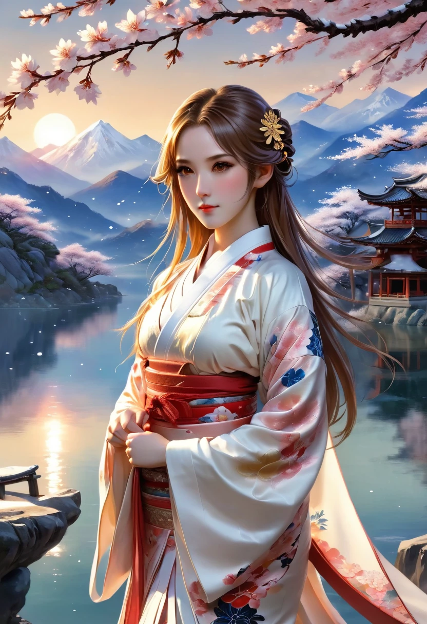 two-dimensional，anime style，one person（male warrior:1.5,chest muscles），Correct proportions，facial details，swordsman，High ponytail hairstyle，neck details，There is an Adam，clothing details，transfer，long sleeve，Game quality，Ray tracing，Ray tracing，delicate luster，CG rendering，Hair details，long white hair，blue eyes，Handsome，Handsome，（feeling of youth），Costumes are complicated，perfect composition，refine，high quality，more details，complex background，a sense of atmosphere，