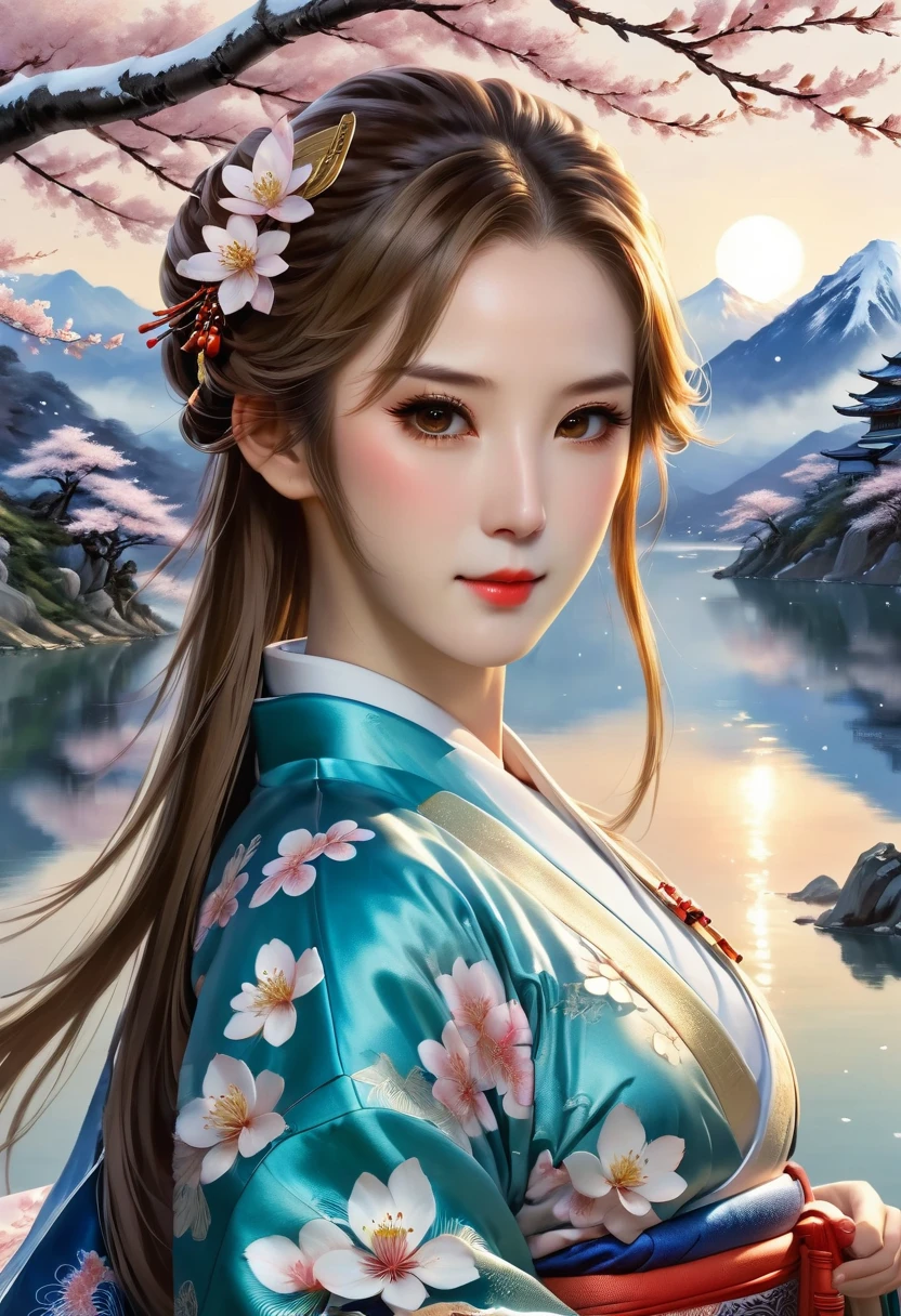two-dimensional，anime style，one person（male warrior:1.5,chest muscles），Correct proportions，facial details，swordsman，High ponytail hairstyle，neck details，There is an Adam，clothing details，transfer，long sleeve，Game quality，Ray tracing，Ray tracing，delicate luster，CG rendering，Hair details，long white hair，blue eyes，Handsome，Handsome，（feeling of youth），Costumes are complicated，perfect composition，refine，high quality，more details，complex background，a sense of atmosphere，
