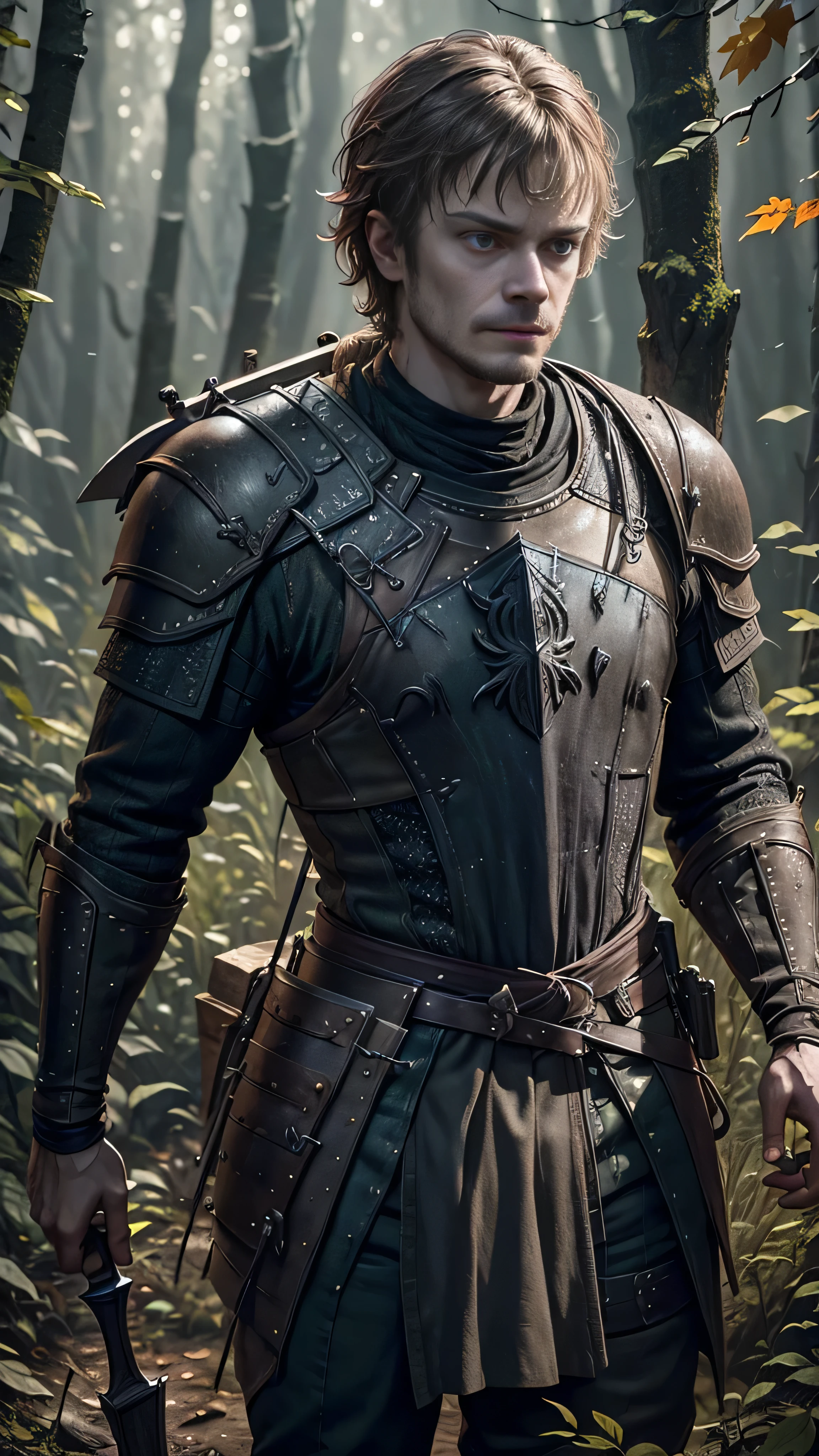 (Alfie Allen) as theongreyjoy, (gray armor), boots, (small blades), standing in a forest, 1man, solo, beautiful detailed glow, detailed, cinematic light, intricate detail, realistic, highres, detailed facial features, high detail, sharp focus, smooth, aesthetic, extremely detailed, stamp, octane render