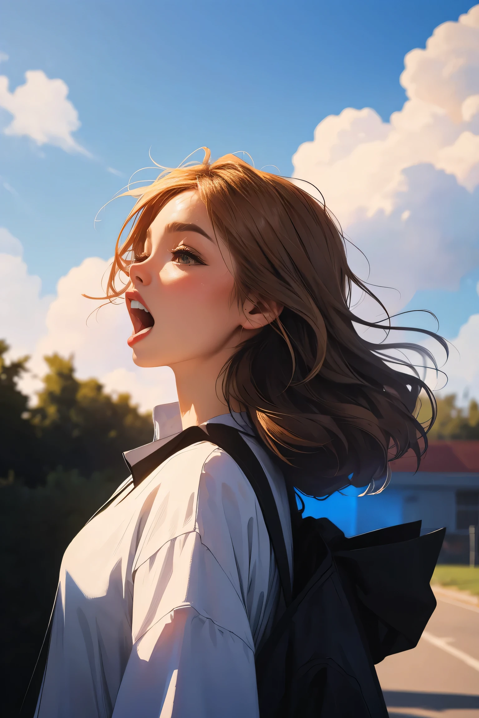 blue sky,white clouds,wide land,I shed tears,((Open your mouth and scream)),vivid colors, soft focus, light leaks, dreamy atmosphere, experimental charm, retro charm break color field painting, various colors, abstract expressionism, bold shades, emotional impact, atmospheric depth, minimalist approach to relaxation, Beautiful girl, UHD ( ultra detail) Viewers observe the figure wearing hip-hop style street clothes.., different, fancy, long, hair dyed brown 🌈, dark clothes, White stardust in dark areas, absurd, high resolution, very detailed, (1 girl: 1.3 ), vivid colors, soft focus, light leaks, dreamlike atmosphere,