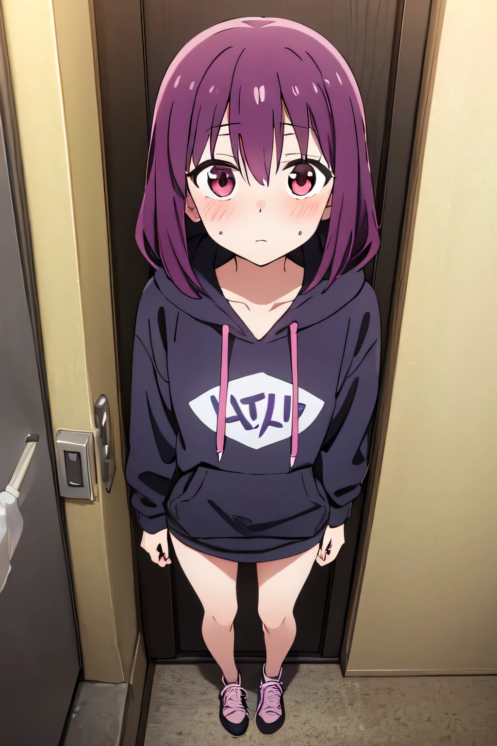 anime sytle beautiful woman, solo, purple hoodie, oversized hoodie, dark purple hair, very lomg hair, shy face, pink eyes, bangs, hair in between eyes, blushing, long sleeves, full body, eyes looking away, facing up at viewer, red face, lower than the viewer, first person view, small breasts, best quality, highres, highest quality, high resolution.