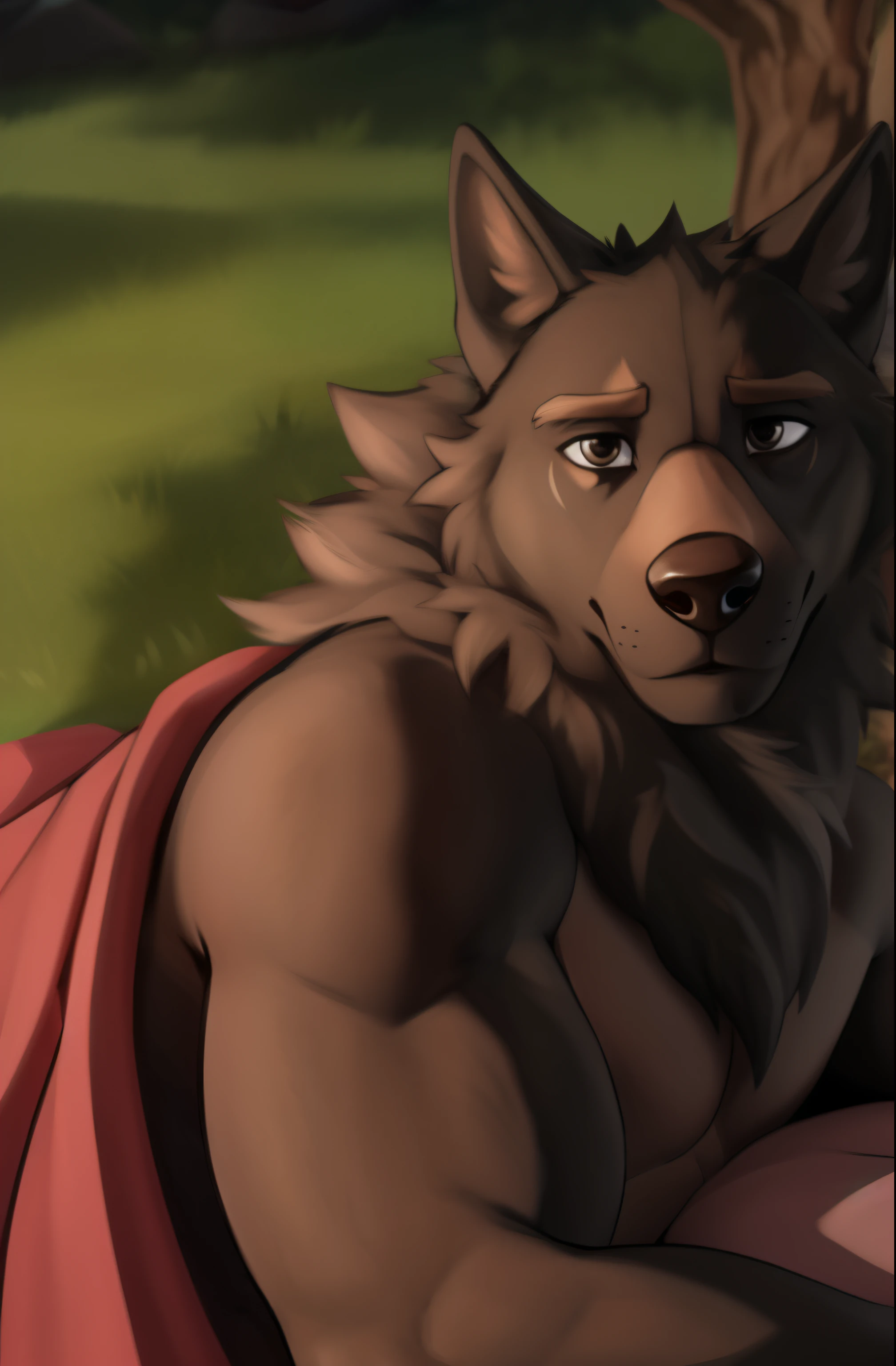 Lyall, male, muscular, tail, wolf tail, (outside:1.3), (posing:1.3), (soft shading), 4K, it&#39;s empty here, ((detailed face, (detailed eyes:1.0), detailed)), (whole body), от zackary911, from Sausch, (for dating:0.5), I look at the viewer, male focus, lying, black eyes, pillow, on the side, Thick eyebrows, under the blanket, flat color, muzzle