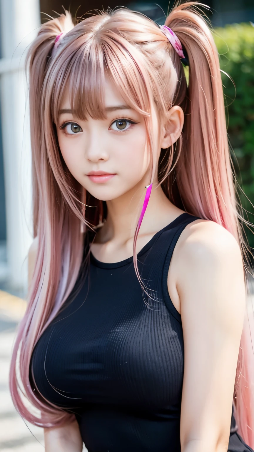 sexy big breasts、 beautiful girl sexy cute looks and cute, beautiful and sexy face、The strong wind blows the hair in front of my face、Beautiful long metallic pink twintail hair with beautiful cute and sexy eyes hidden in her long bangs