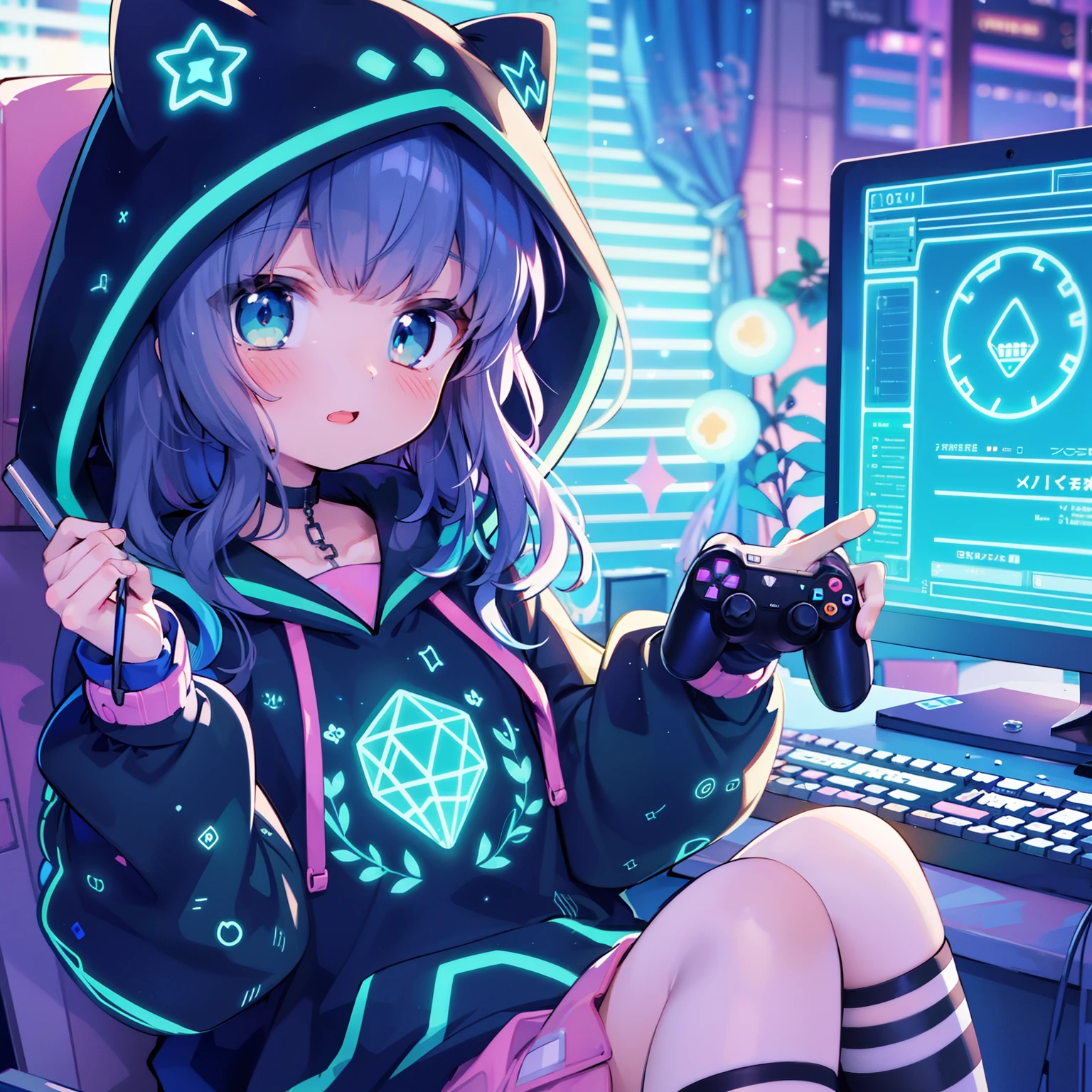 anime girl with a hoodie sitting in front of a computer, anime style 4 k, cyberpunk anime girl in hoodie, neon.anime, cute hoodie anime girl in room, playing game, holding game controller, pc monitor, pattern background,anime art wallpaper 4 k, anime art wallpaper 4k, digital cyberpunk - anime art, digital anime illustration, cyber school girl, digital cyberpunk anime art, anime style. 8k, anime art wallpaper 8 k, anime wallpaper 4k