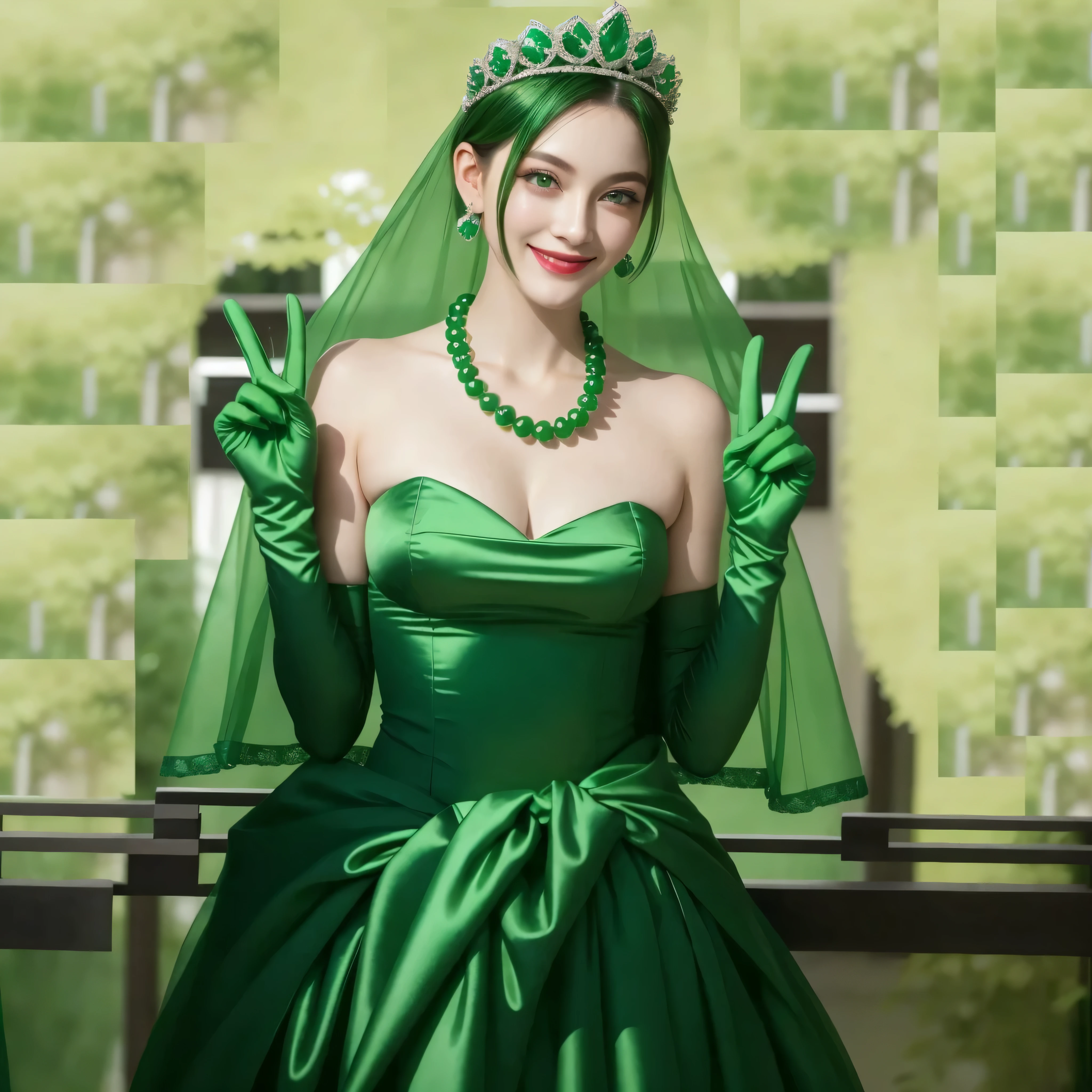 long green elbow satin gloves, emerald tiara, green pearl necklace, Boyish green berry short hair, lipstick, Smiling Japan woman, very short hair, big breasts beautiful, green eyes, Green long gloves made of satin material, green eyes, V sign, emerald earrings, 30 generation women