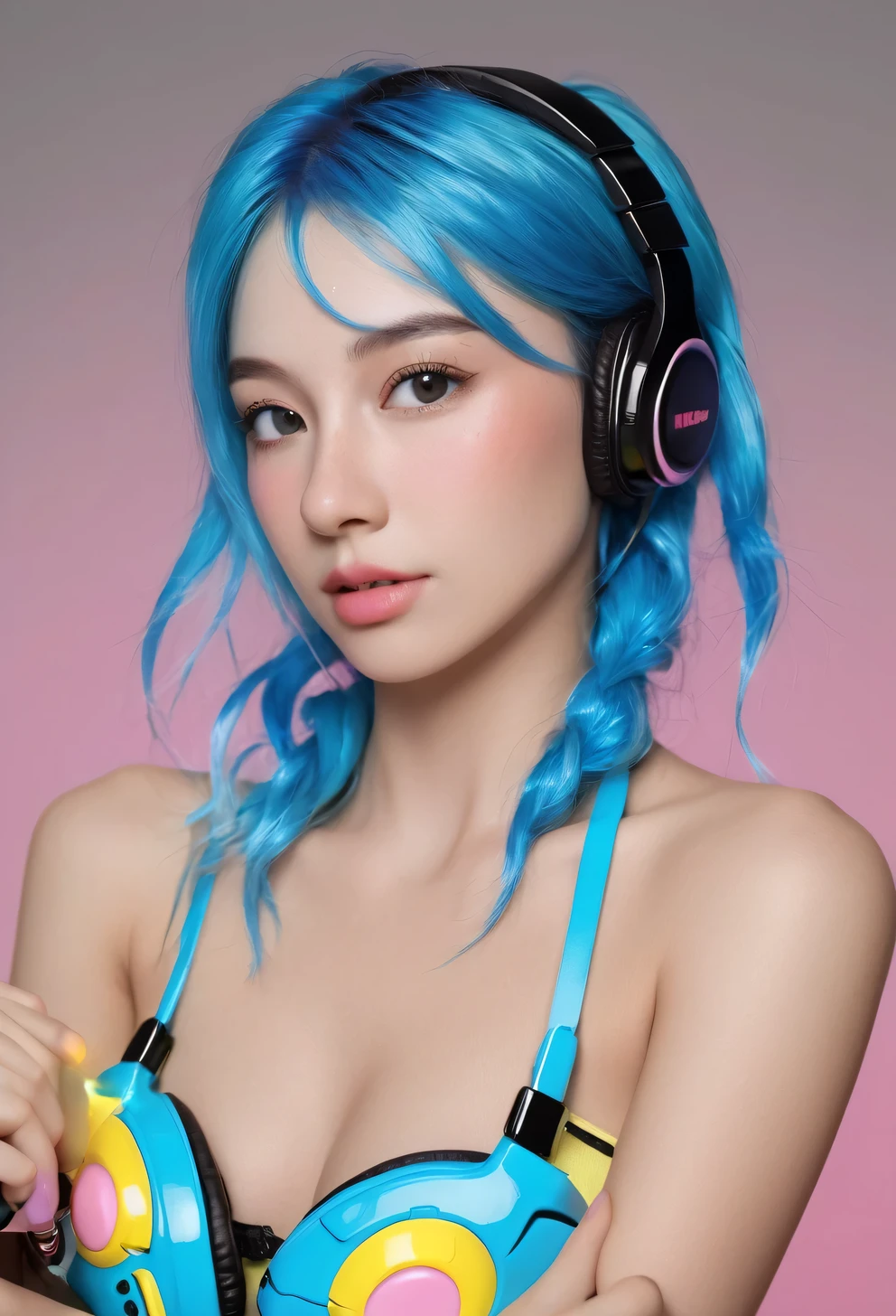 A girl with pink blue hair, wearing a colorful outfit and cosplay costume, stands in a dynamic pose. She has a playful expression on her face as she enjoys playing video games. The girl is a gamer, immersed in her virtual world, holding a console controller in one hand and a keyboard in the other. She wears headphones, symbolizing her dedication to gaming. The scene is set in a brightly lit studio with soft lighting, enhancing the vivid colors of the girl’s outfit. The composition is creative and cartoonish, with a background scenery featuring artistic interpretation of video game elements. Glowing digital effects surround the girl, adding to the energetic and action-packed atmosphere. Electric blue accents are scattered throughout the image, giving it a mysterious and futuristic feel. Overall, the prompt aims to capture the fun, enthusiasm, and creativity associated with gaming, while showcasing the girl's passion and love for video games in an anime-style artwork.
Gamer girl pink blue hair sexy outfit