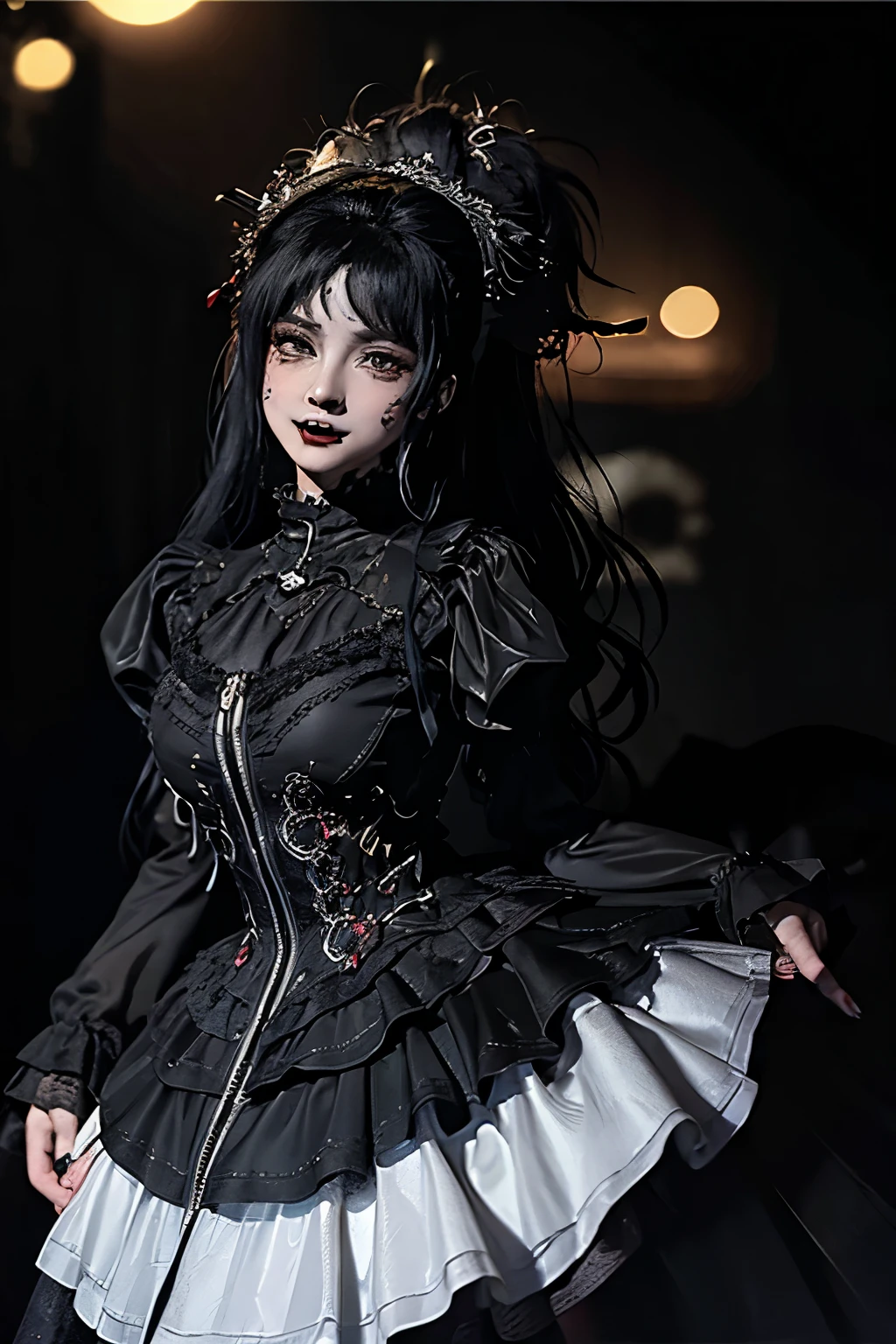 The ultra -The high-definition、Detailed writing、watercolor paiting、Pale shades、(Expressing fear in black:1.7)、Very beautiful hair、femele、Beautiful vampires、(Vampire Fangs:1.5)、Red Eyes、Wearing elaborate costumes and ornaments、sabre、Inspiring black background、(Bokeh:1.5)、In the darkness、Very dark and timeless castle cloister、menace、Hostility、Glare、
