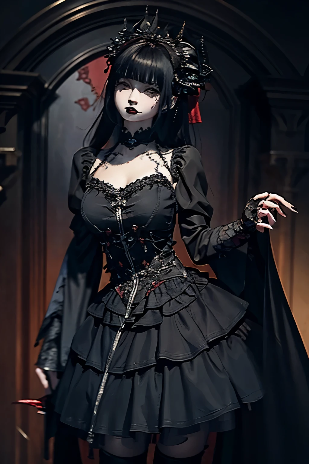 Gothic woman with blood dripping from her mouth beautiful vampire queen, vampire girl, gothic horror vibes, beautiful female vampire queen, Guweiz-style art, dark fantasy mixed with realism, androgynous vampire, goth maiden anime girl, gothic aesthetic, female vampire, gothic art style, vampire fashion, [4K digital art]!