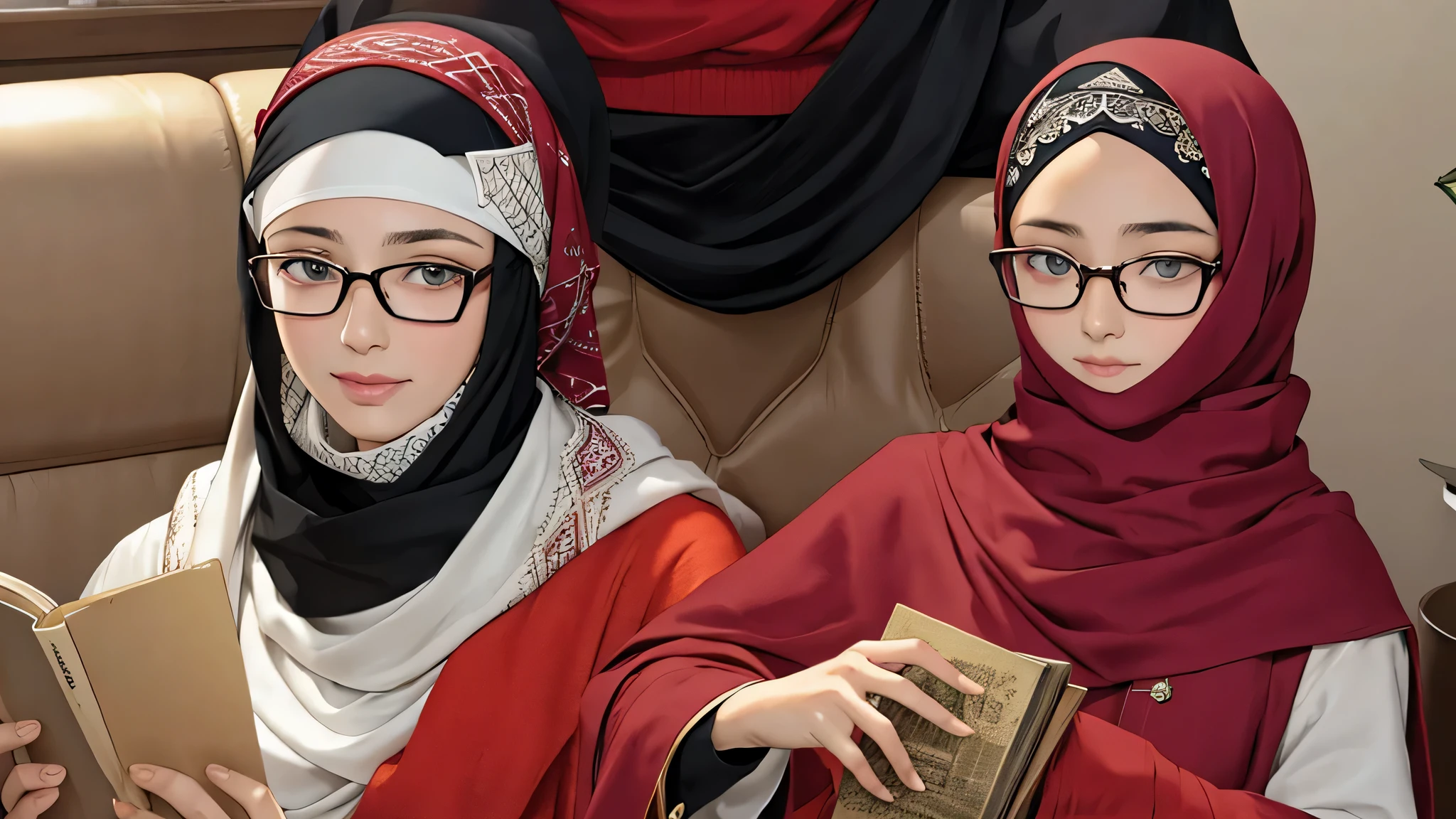 generate a picture of a girl who wearing hijabe , and moroccan jalaba , and also wearing glasses of mercedes benz