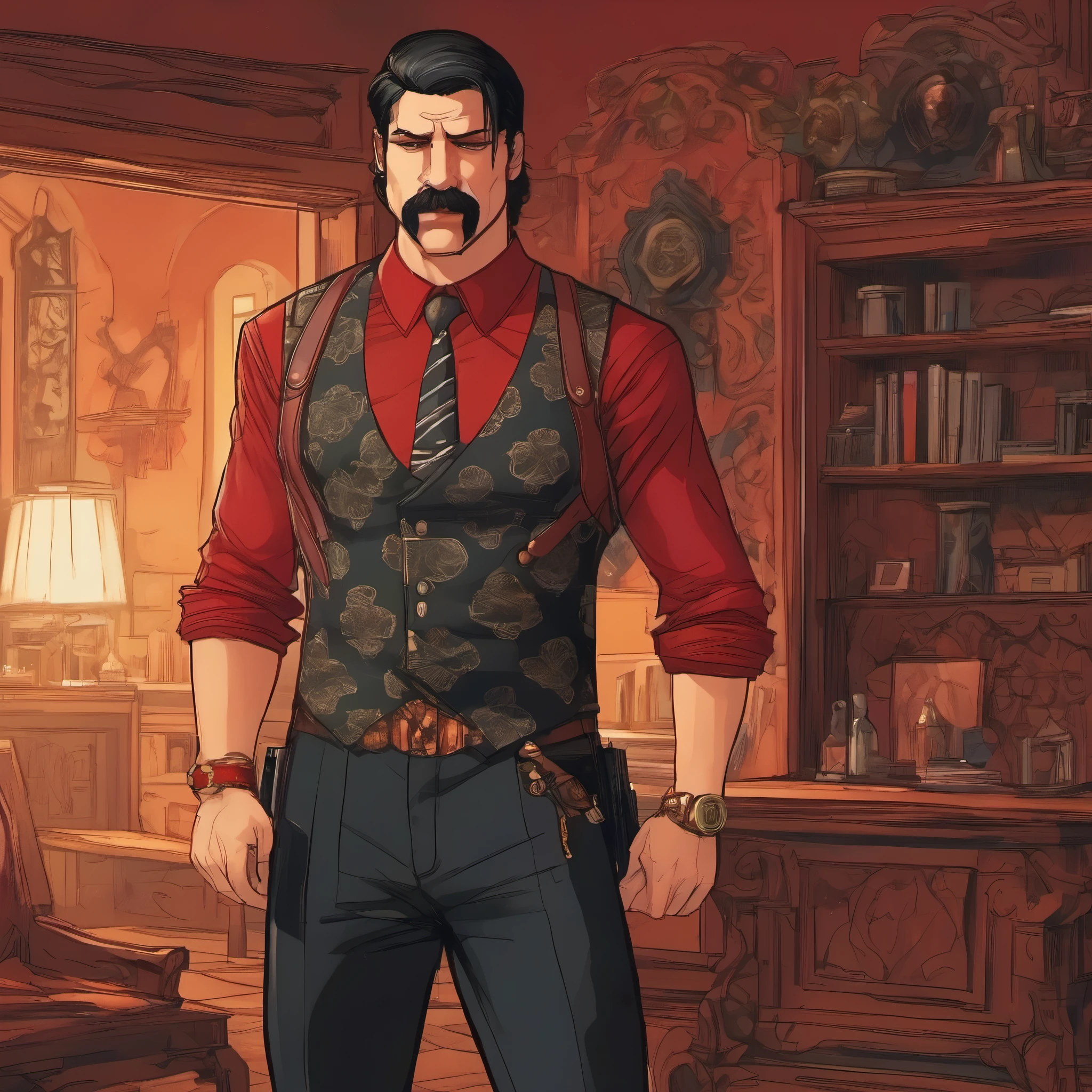 (obra maestra, Mejor calidad:1.2), 1 chico, solo, thenahualli, serious, dangerous man, elegant, elegante, black vest, red shirt, standing, vigilando, actitud vigilante, en casa de lujo en Bel-Air, casa de lujo moderna, de noche