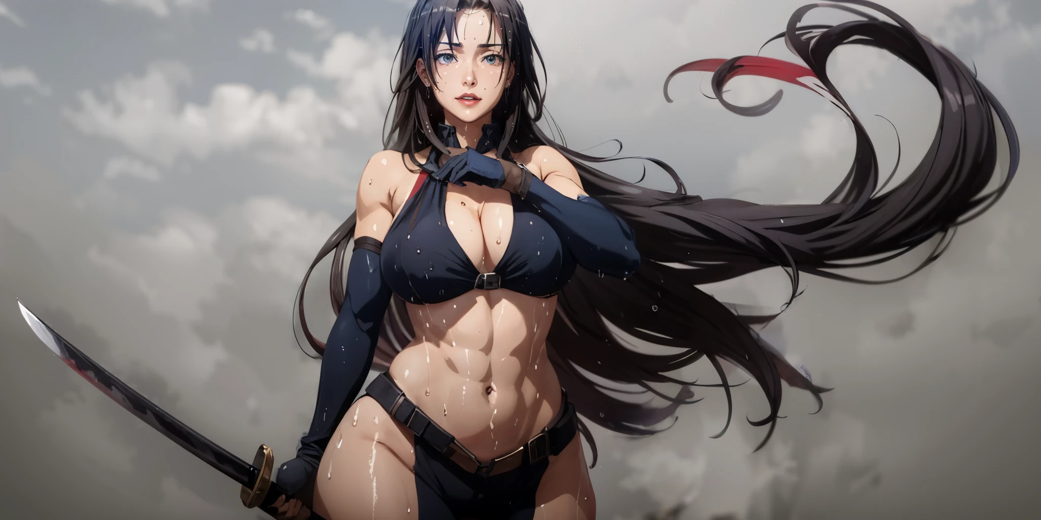 long hair, black hair grey eyes, sensei, curvy, huge breasts, anatomically correct, muscular female, best quality, masterpiece, high quality, high details, highres, HD, gloves, solo, black_gloves, breasts, bare_shoulders, elbow_gloves, grey_background, looking_at_viewer, standing, cleavage, covered_navel, floating_hair, holding, katana "long shot scenic professional photograph of {prompt}, perfect viewpoint, highly detailed, wide-angle lens, hyper realistic, with dramatic sky, polarizing filter, natural lighting, vivid colors, everything in sharp focus, HDR, UHD, K", (shaded face:1.2), hollow eyes, grey eyes, looking at viewer, heavy breathing, smirk, upper teeth, sweating, wet, lips,
