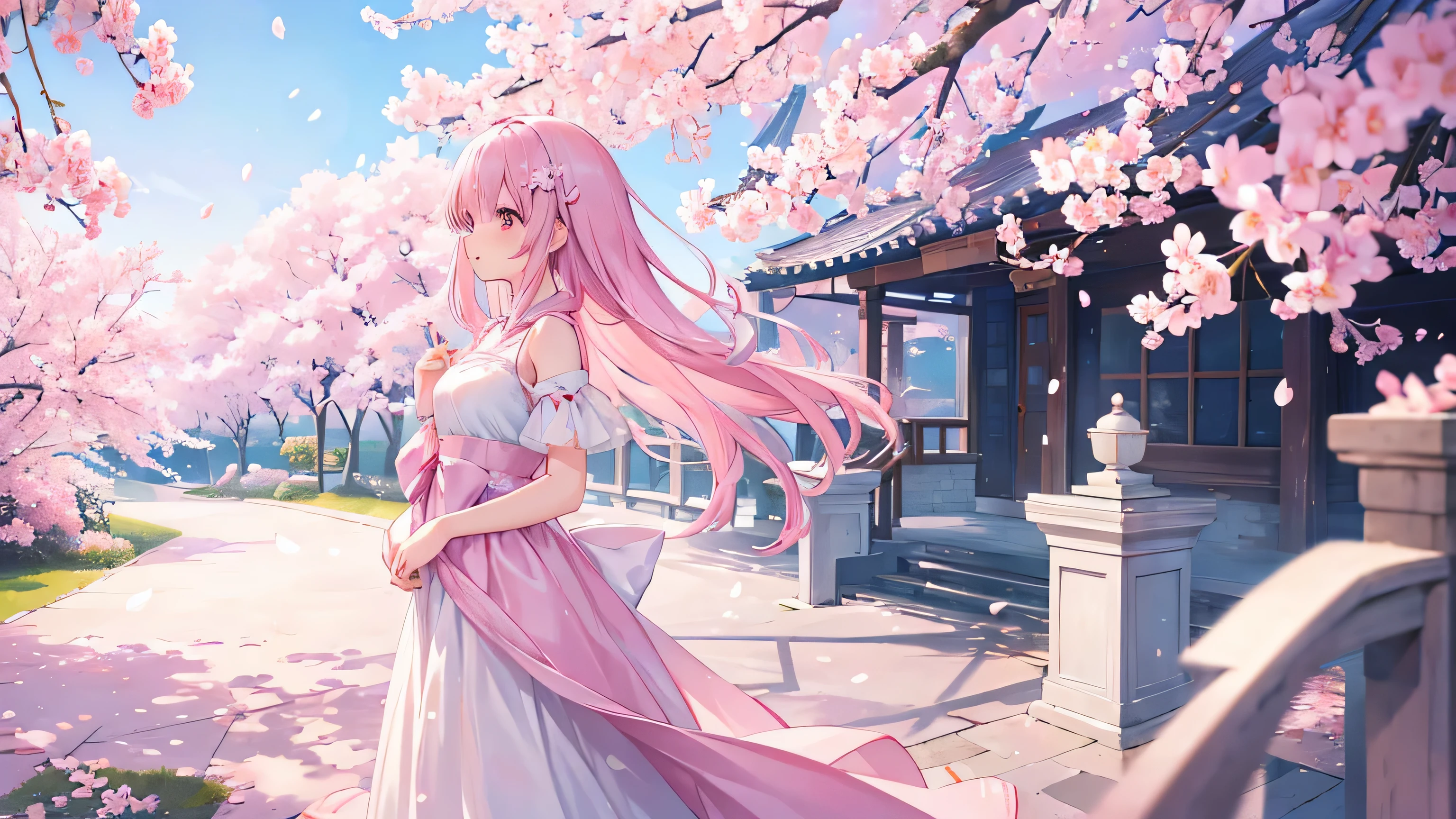 Create beautiful anime character images with a calm and elegant atmosphere。The full body image of the beautiful girl anime is placed slightly to the left of the center.。Full body figure。Drawn in profile with cherry blossoms in the background、Illuminated by soft light、It creates a warm and calm spring atmosphere.。The girls' dresses are delicate and have great attention to detail.、The cherry blossom motif blends with the surrounding petals.。This scene is、Designed to evoke the fresh, fleeting beauty of spring.、Due to character placement、Allows for a balanced composition that emphasizes both her and the surrounding nature。