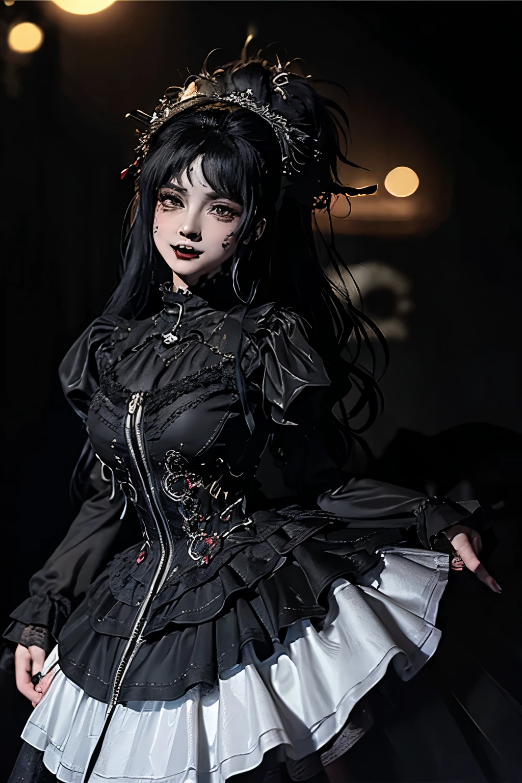 The ultra -The high-definition、Detailed writing、watercolor paiting、Pale shades、(Expressing fear in black:1.7)、Very beautiful hair、femele、Beautiful vampires、(Vampire Fangs:1.5)、Red Eyes、Wearing elaborate costumes and ornaments、sabre、Inspiring black background、(Bokeh:1.5)、In the darkness、Very dark and timeless castle cloister、menace、Hostility、Glare、