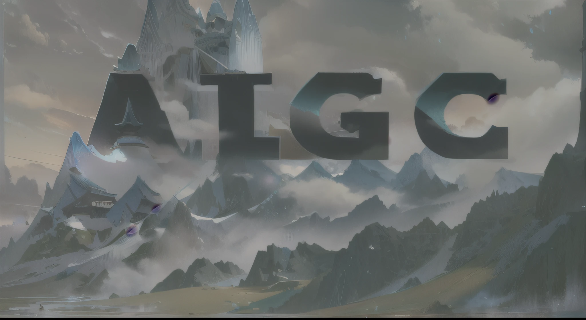 Close-up of a mountain with cloudy sky,It says "aigc", Inspired by Alexis Grimaud, alpine climate, Inspired by Alexander Giemsky, against a scenic background, Alps in the background, All set within stunning outdoor landscapes,Integrate pictures into text,Fantasy,Cultivation,Realistic,detail,special effects,Cloudy peaks,Picture into text, fantasy, fairy, realism, details, special effects, cloud mountain,colorful,rich in detail,Rich in color and detail,blue sky,green grass,Stretching clouds and mist,Words become architectural shapes