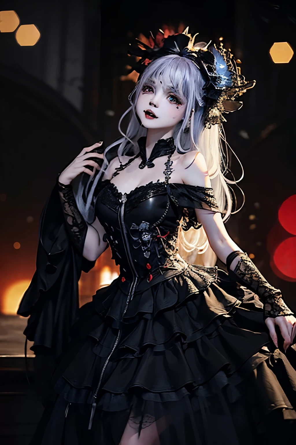 The ultra -The high-definition、Detailed writing、watercolor paiting、Pale shades、(Expressing fear in black:1.7)、Very beautiful hair、femele、Beautiful vampires、(Vampire Fangs:1.5)、Red Eyes、Wearing elaborate costumes and ornaments、sabre、Inspiring black background、(Bokeh:1.5)、In the darkness、Very dark and timeless castle cloister、menace、Hostility、Glare、