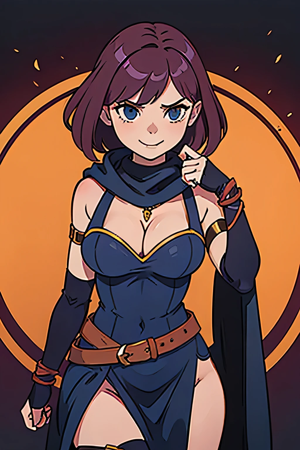 (((masterpiece))), (((best quality))), illustration, single character, game character, rpg character, female character, female necromancer, dark blue dress with golden details, leather bracers. huge cleavage. gemmed necklace. side butt. wide hips. up turned hips. Side hips exposed. wavy short hair. orange short hair, slightly pointy ears, yellowgreen eyes, evil face, smile. attittude woman. open hooded black cloak. copper colored hair. aggressive posing. energy in hand. dungeon background, flat color background, anime character, 8k, awesome quality