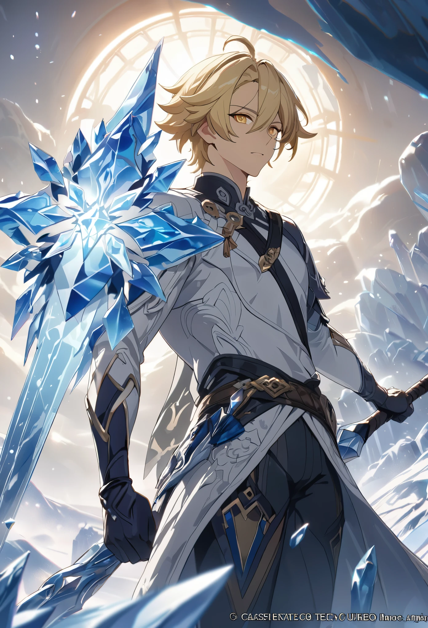 ((solo)), yellow eyes, blond hair, short messy hair, a close up of a person with a sword in a field of ice, detailed key anime art, honkai star trail character, casimir art, masamune shiro, masamune, handsome guy in demon slayer art, genshin, heise jinyao, shadowverse style, (no logos), ice, ice powers, blizzards, detailed clothes, eye reflection, depth of field, cinematic lighting, ray tracing, depth of field, cinematic lighting, ray tracing, UHD, high details, best quality, highres, high quality, award winning, super detail, masterpiece, 8k, UHD, high details, best quality, highres, high quality, award winning, super detail, masterpiece, 8k