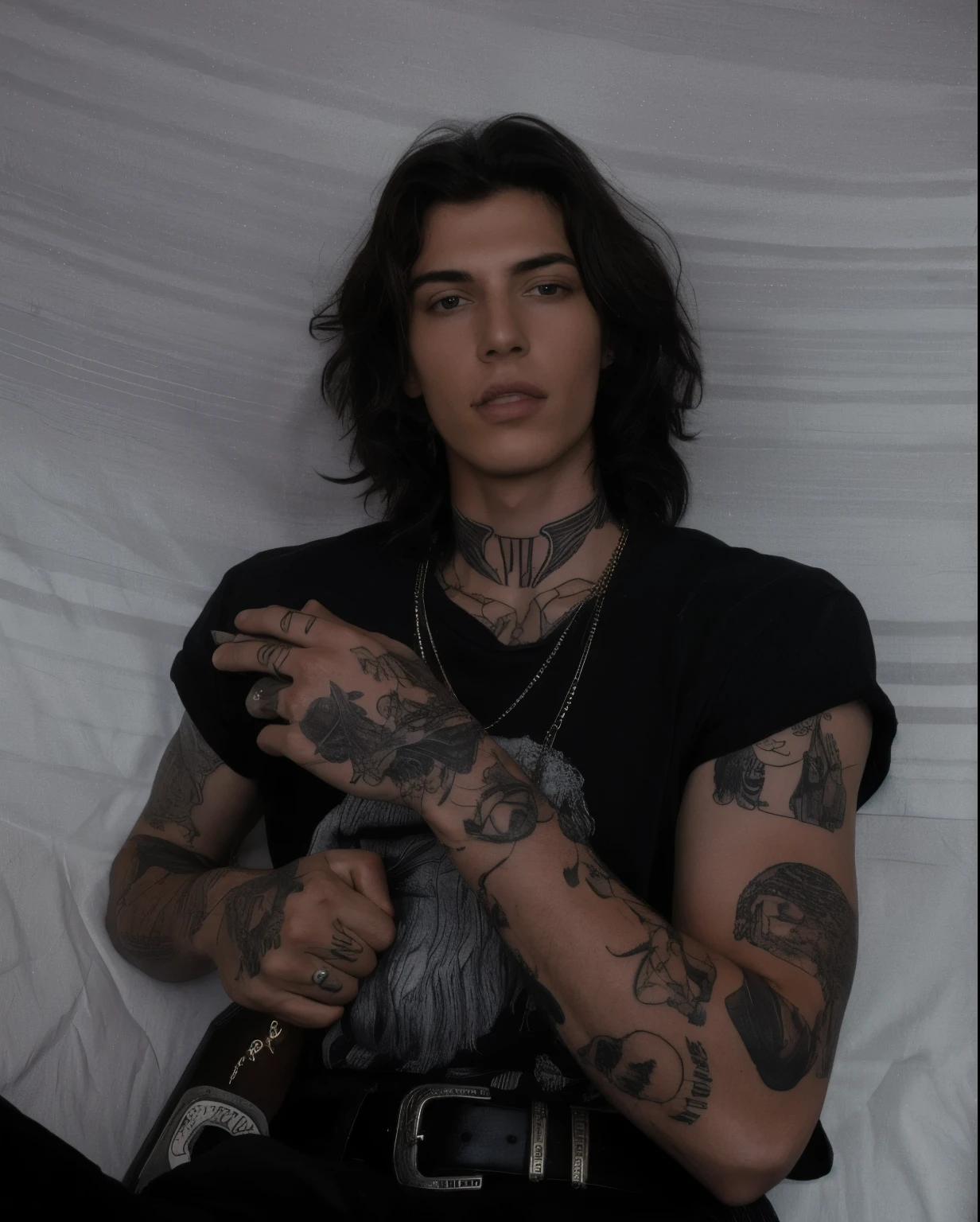 chiseled man with tattoos on his arms and neck sitting on a sofa, delicate androgynous prince, androgynous, androgynous male, androgynous person, estilo de seb mckinnon, beautiful androgynous prince, Finn Wolfhard, androgynous face, androginia, beautiful androgynous girl, taken at the beginning of 2020