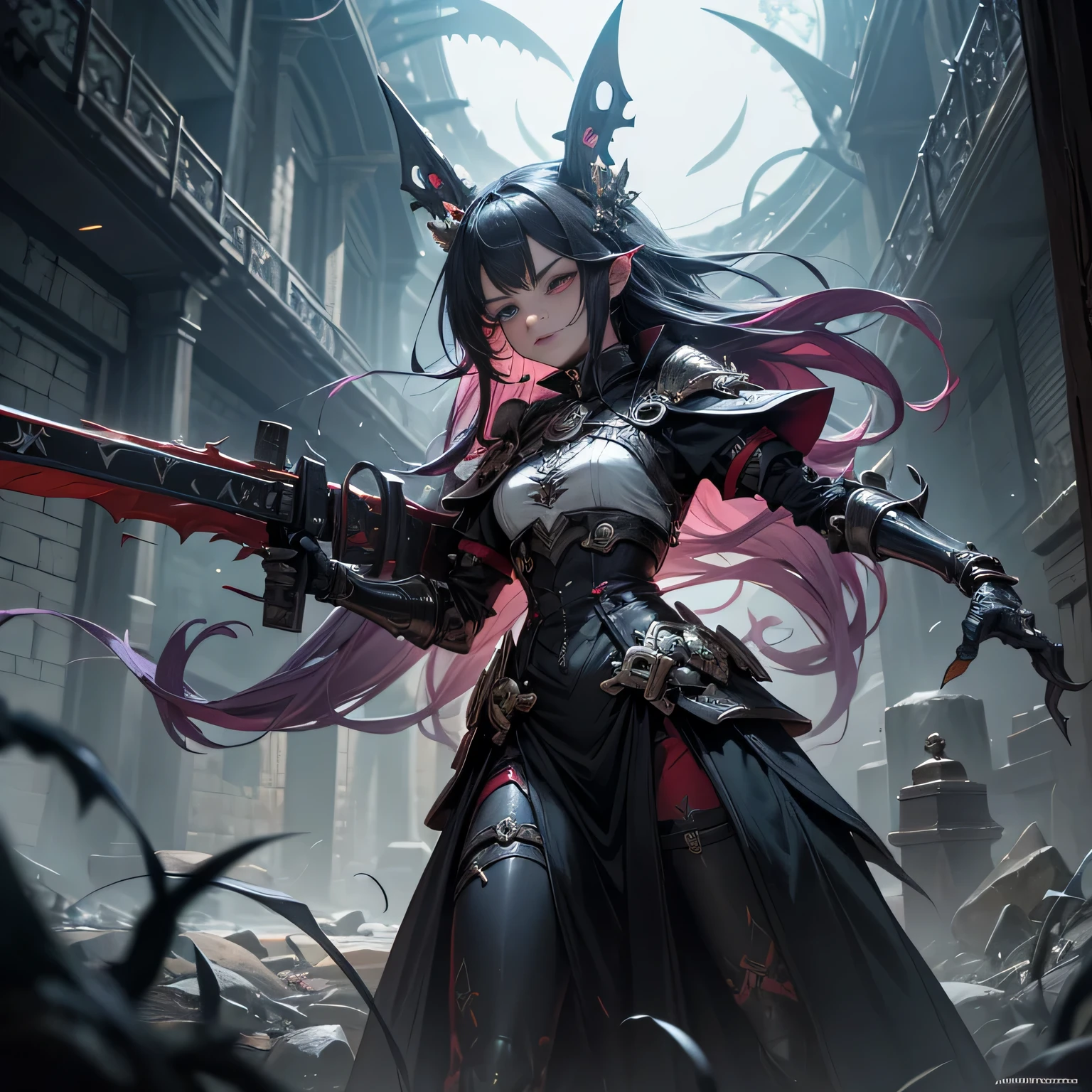Espada Flamejante - Uma espada que irradia chamas, capaz de infligir queimaduras em seus inimigos. Aegis ore shield Black Opal Robot steampumk Girl Automaton, mecanismos sombrios, uma Arma Mangual Aberrante repousa, A nightmare creation ready for action. This mangrove weapon is a grotesque monstrosity, with twisted tentacles that form the extension of the weapon. Each tentacle ends in an eyelid with sharp teeth and fangs, projecting like lethal blades. The body of the weapon is adorned with maniacal eyes that are filled with stitched human arms and tentacles that writhe like serpents. Apesar de estar acorrentada, the Aberrant Mangual Weapon displays an expression of madness and extreme insanity, as if it were a living extension of the chaos that inhabits the dungeon. Seus olhos brilham com uma intensidade perturbadora. The surrounding environment is ominous, with damp stone walls and a silence that seems oppressive. The Aberrant Mangual Weapon is a cursed relic, A weapon that defies all notions of sanity and can unleash destruction at any moment.