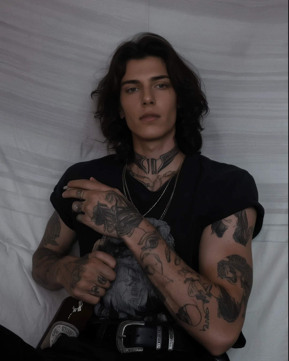 chiseled man with tattoos on his arms and neck sitting on a sofa, delicate androgynous prince, androgynous, androgynous male, androgynous person, estilo de seb mckinnon, beautiful androgynous prince, Finn Wolfhard, androgynous face, androginia, beautiful androgynous girl, taken at the beginning of 2020